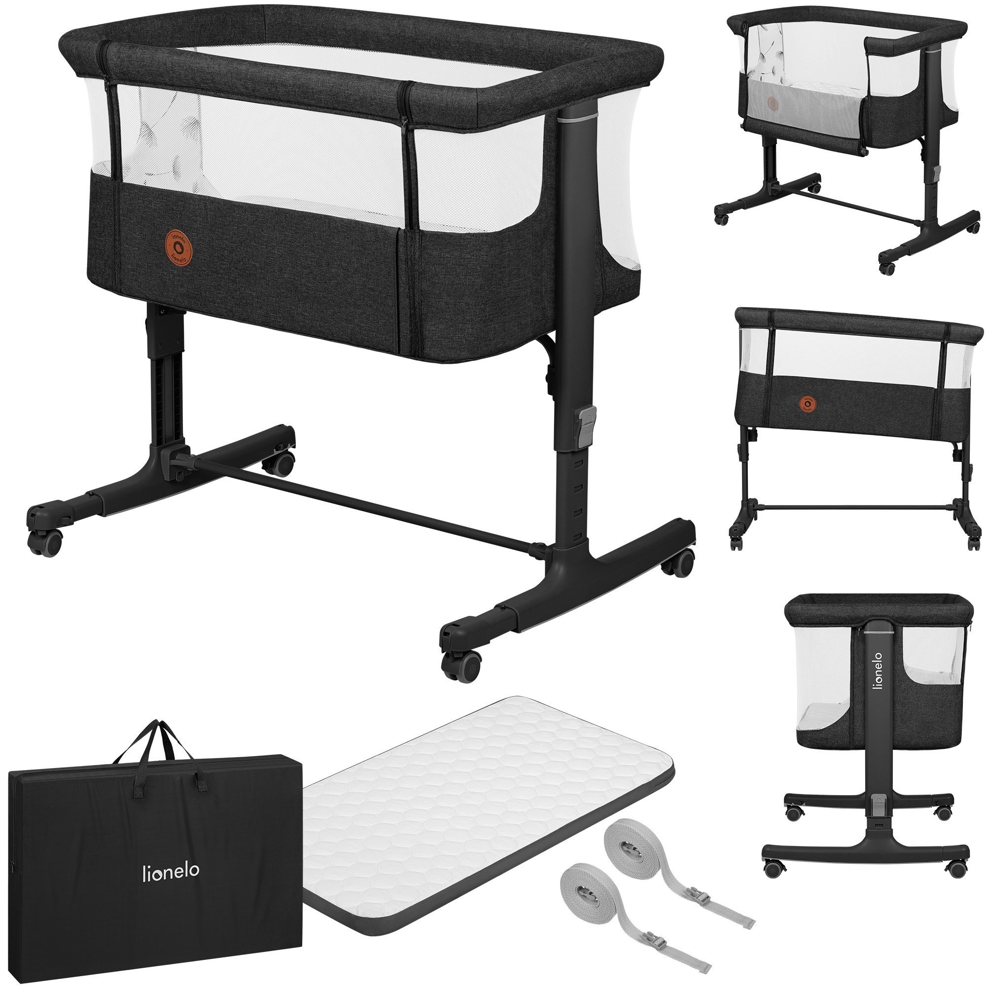 lionelo Baby-Reisebett AURORA, 3-in-1: Beistellbett, Babywiege, freistehendes Babybett