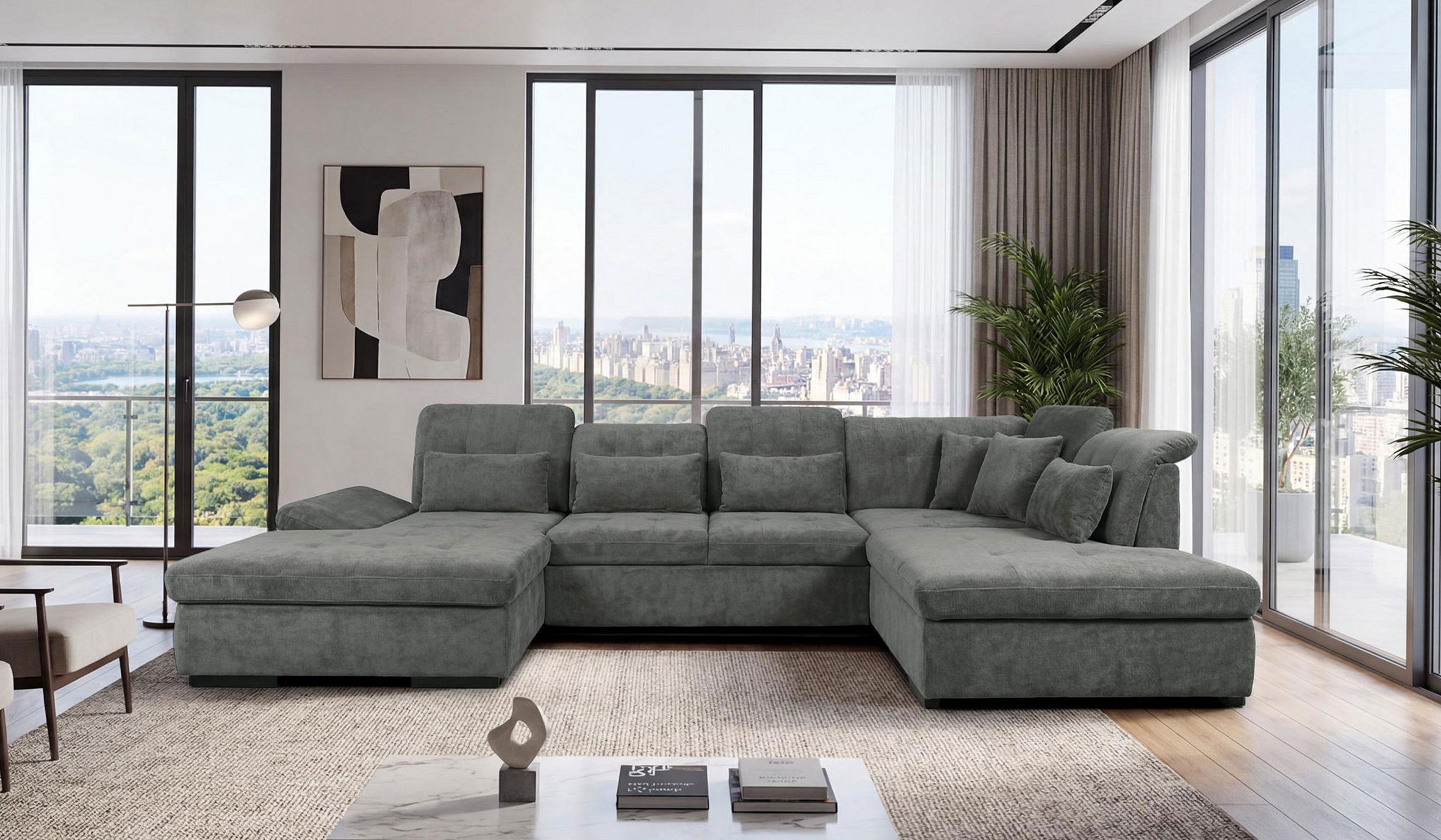 Hygger Möbelhaus Wohnlandschaft Oregon U-Form inkl. Sitz-, Kopf- und Armlehnenverstellung, B × T₁ / T₂: 370 × 200/235 cm, optional Schlaffunktion 165 cm & 2, Bettkästen, inkl. kostenloser Lieferung & Montage in ganz Deutschland