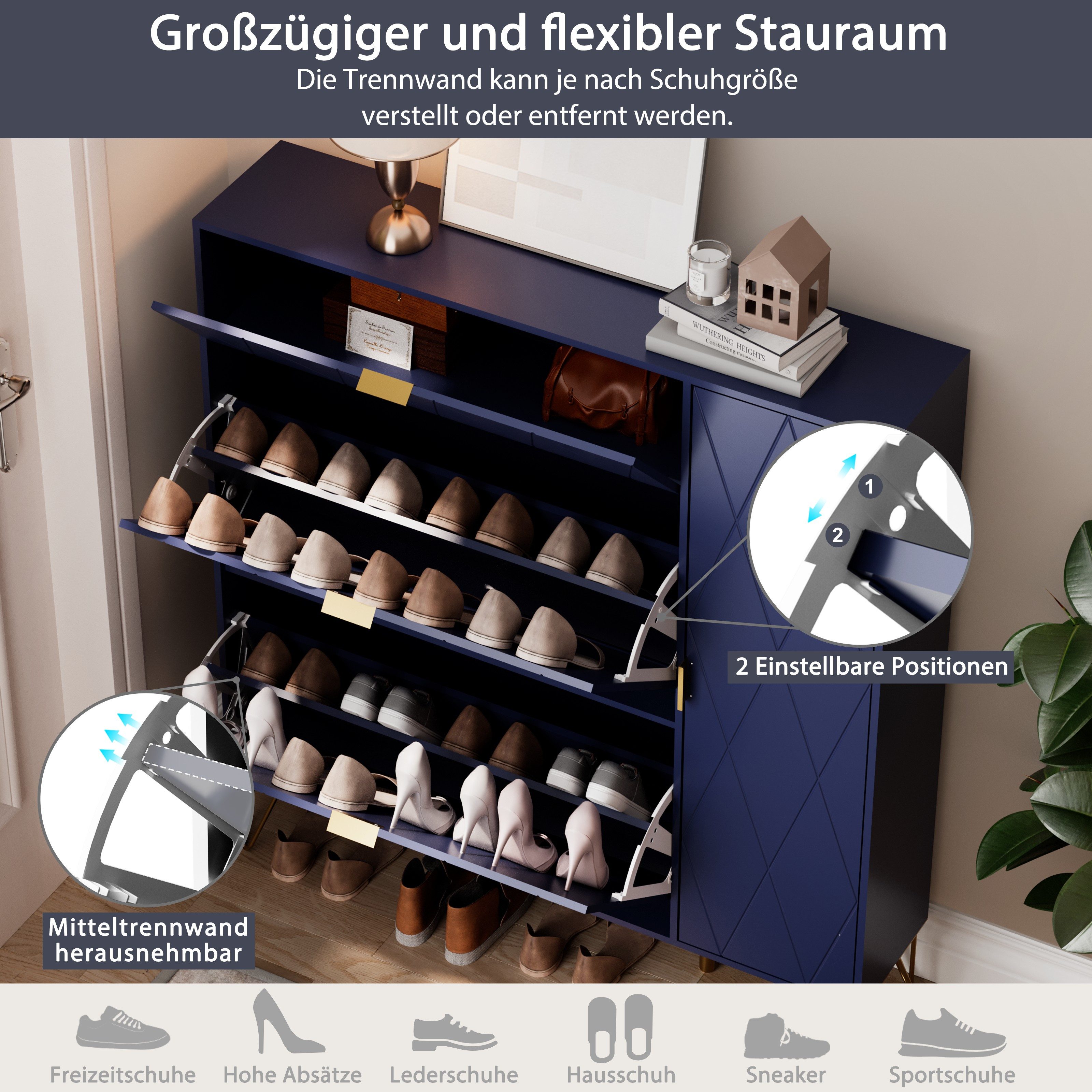 UEV Schuhschrank mit 4 Klappen schmal Schuhkipper Schuhregal (105x24x120cm) verstellbare und herausnehmbare Trennwände für verschiedene Schuhtypen – Bild 4 von 5