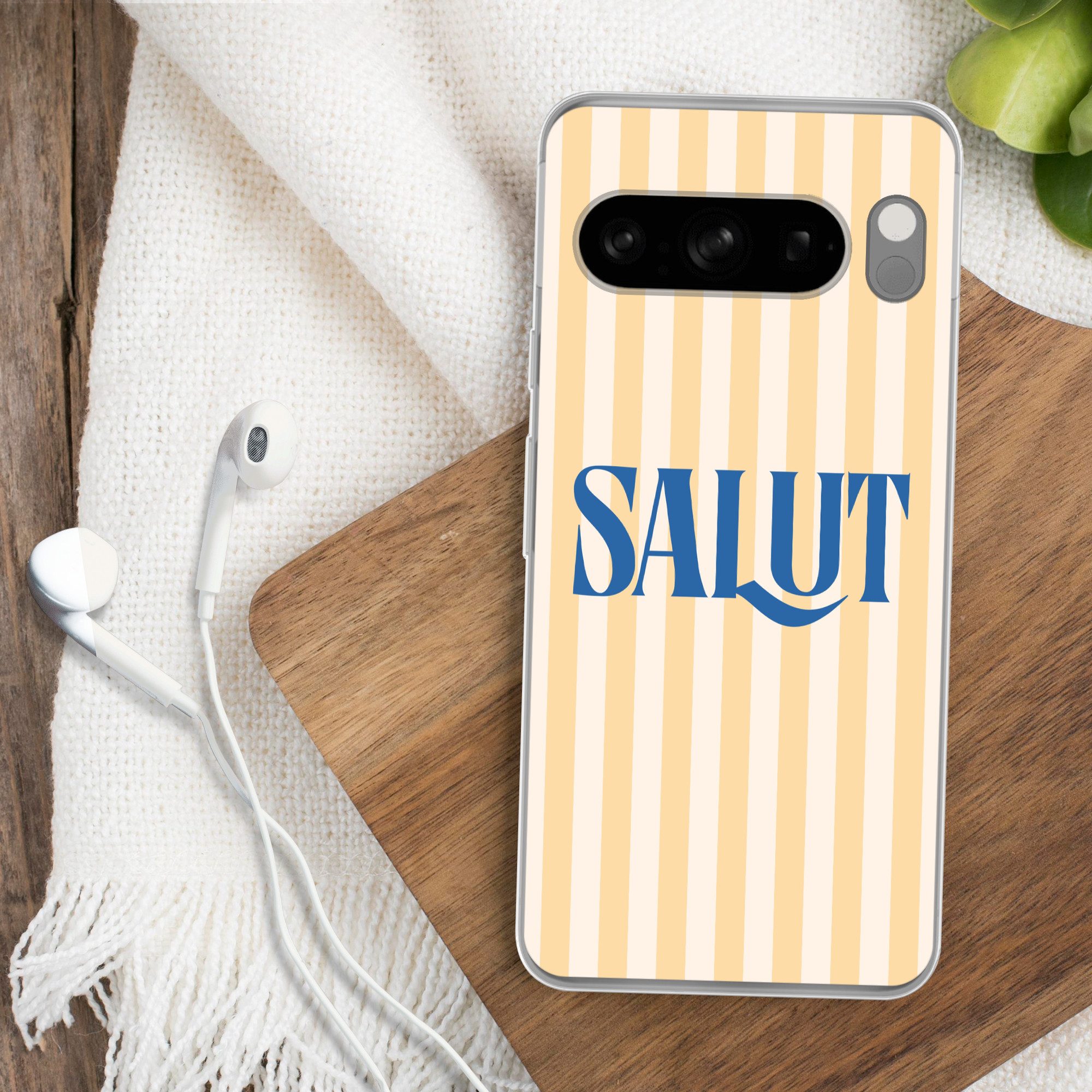 MuchoWow Handyhülle für Google Pixel 8 Pro Salut - Zitat - Streifen - Gelb - Blau - Weiß, Phone Case, Silikon, Schutzhülle Dünn