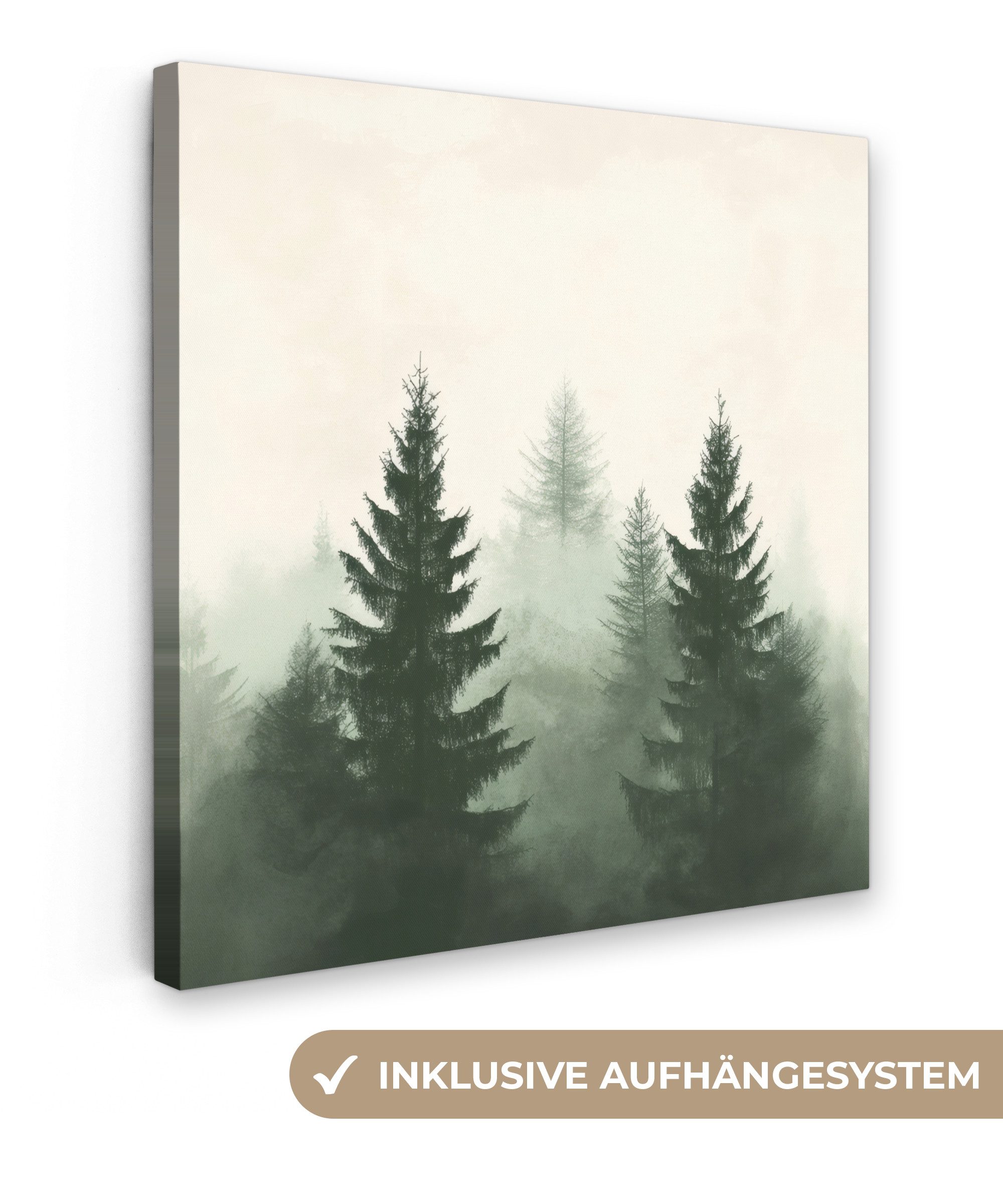 OneMillionCanvasses® Leinwandbild Fichte - Bäume - Grün - Beige, Fotodruck (1 St), Wandbild, Deko Schlafzimmer Wohnzimmer Flur 20x20 cm