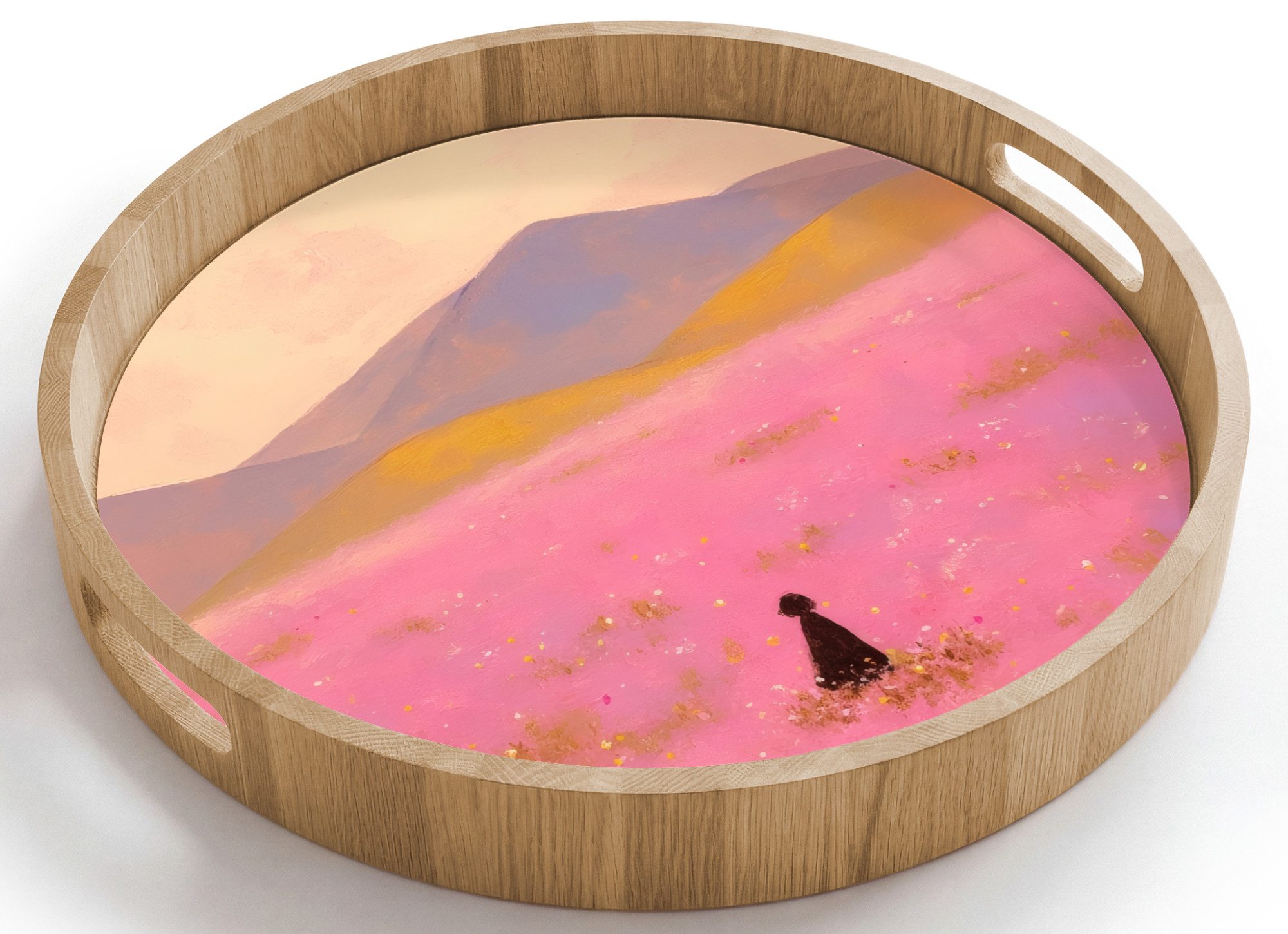 OnlyWow Tablett Rund mit Henkel Blumenwiese - Hügel - Scherenschnitt - Rosa, Eichenholz, (1-tlg), Siervierplatte, Tray, Frühstücksbrett