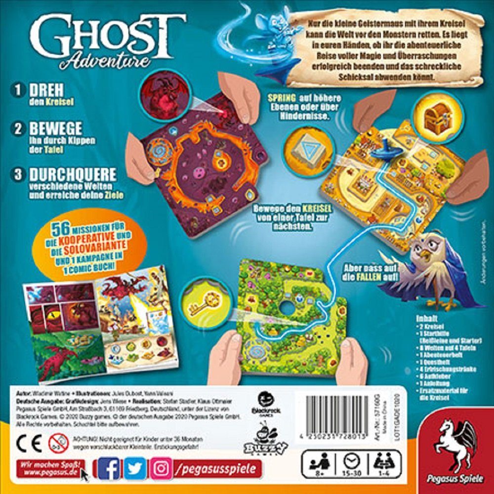 Pegasus Spiele Spiel Ghost Adventure, Geistermaus, Familienspiel, Kinderspiel, Kooperatives Abenteuerspiel, Aktionsspiel mit Kreisel