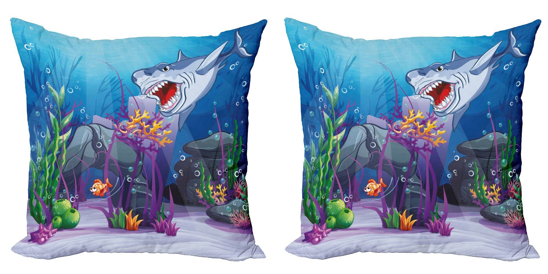 (2 Abakuhaus Shark Modern Karikatur Digitaldruck, Kissenbezüge Das Böse Little Fish Accent Doppelseitiger Stück),