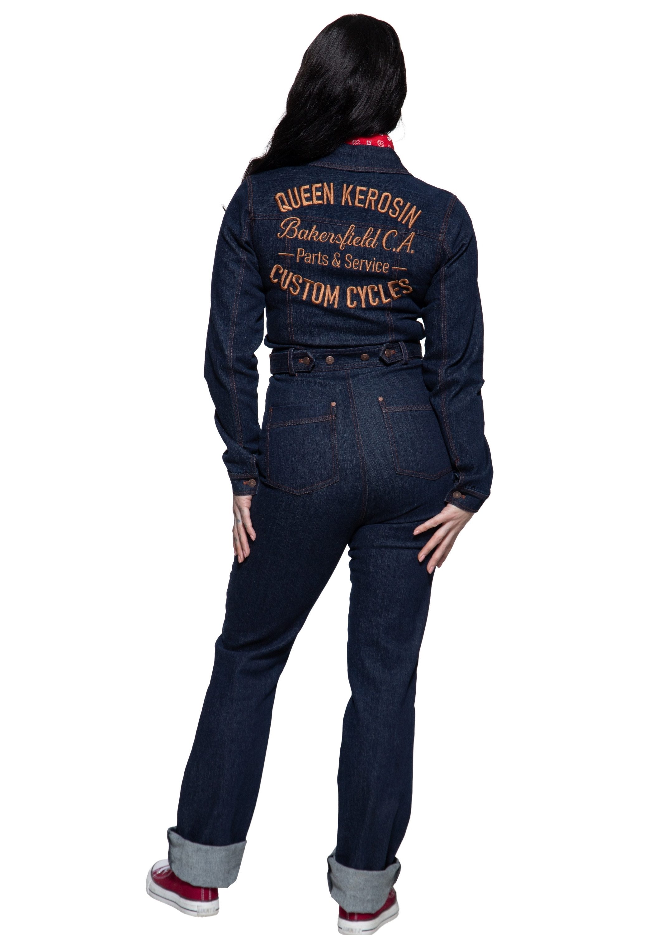 QueenKerosin Jumpsuit Bakersfield Große Rückenstickerei Custom Cycles und Metallreißverschluss vorn