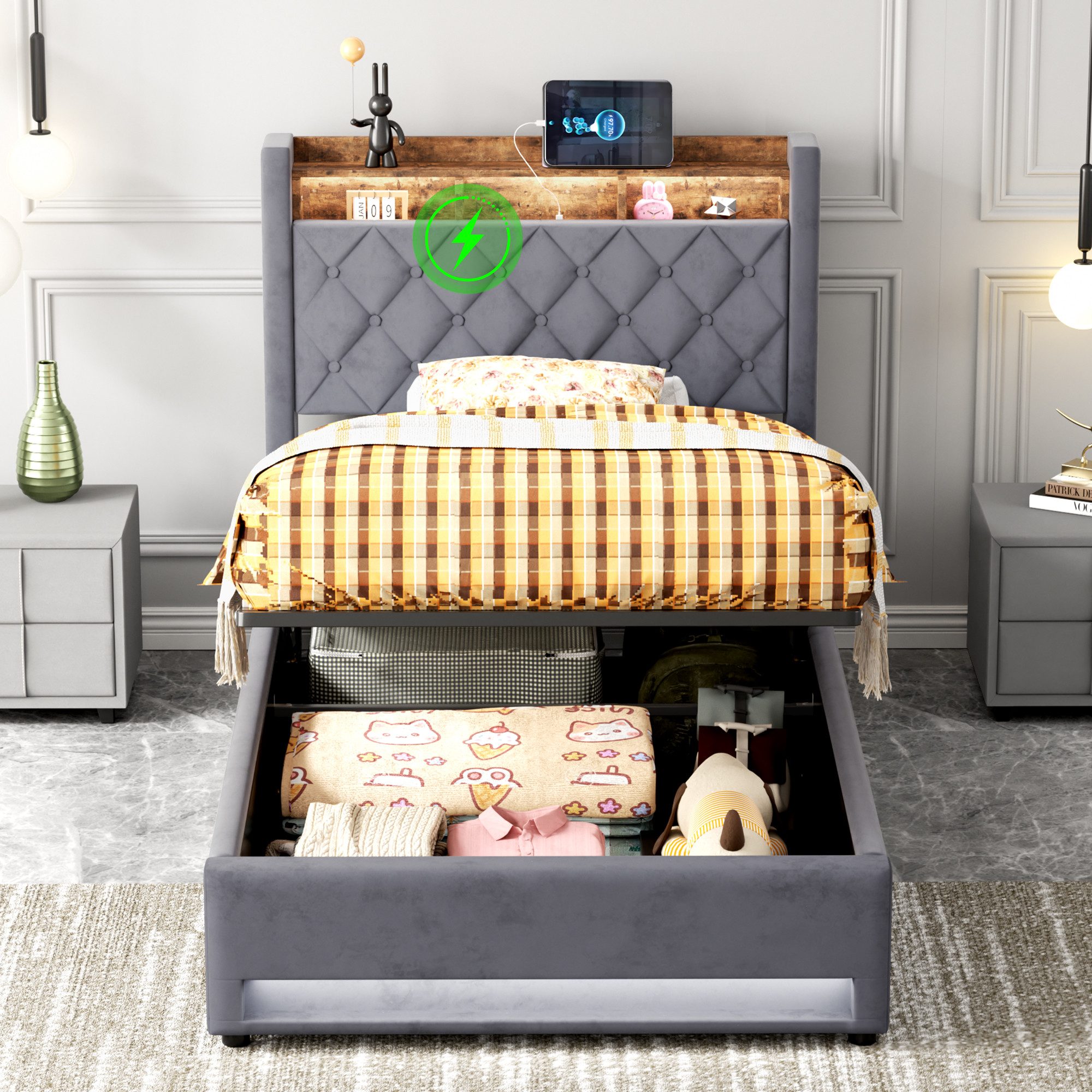 MODFU Polsterbett Funktionsbett Stauraumbett Gästebett (Stilvolles Polsterb günstig online kaufen