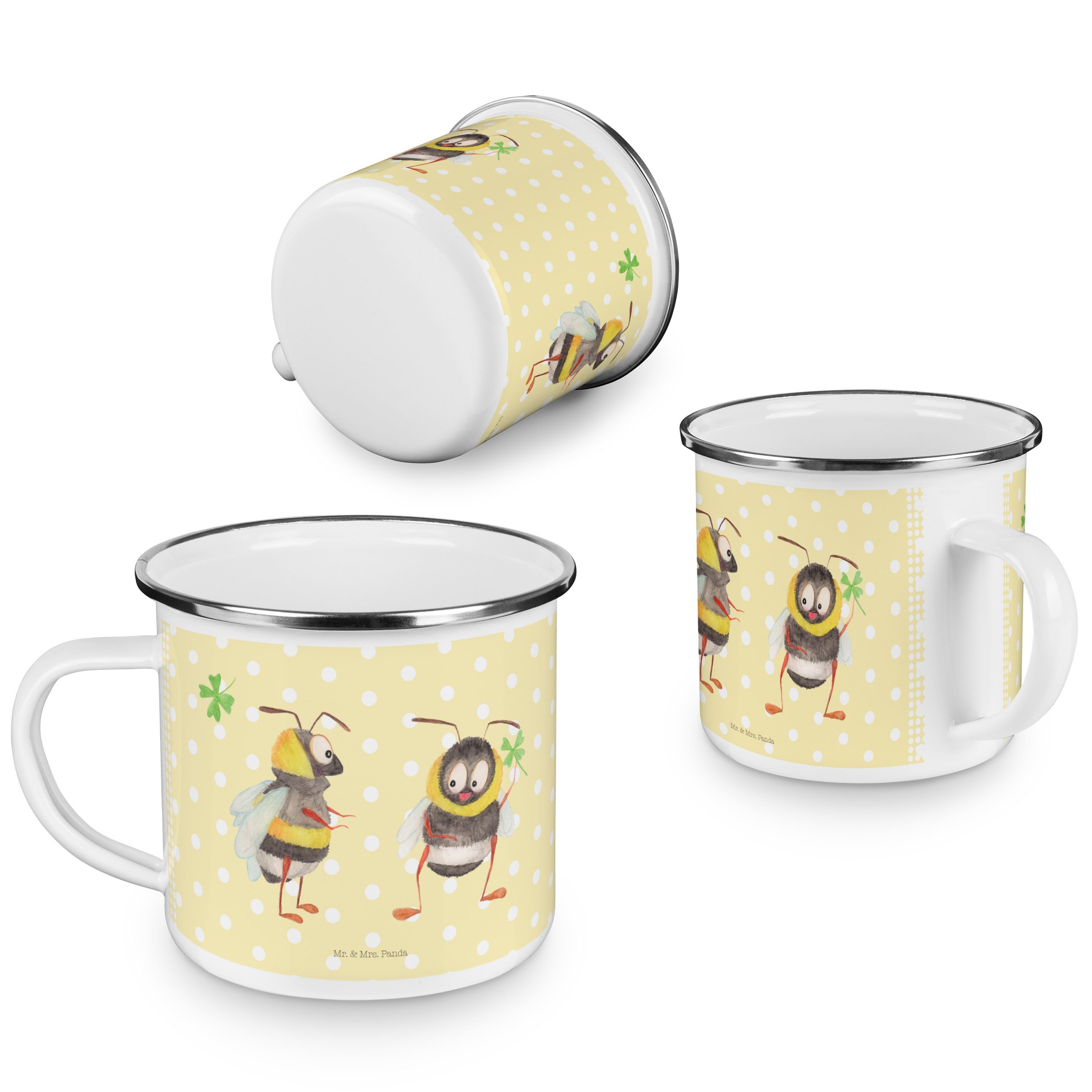 Camping Kleeblatt Pastell Hummeln mit Tasse Mrs. - Panda Becher Gelb Geschenk, Mr. - Metall, Emaille &