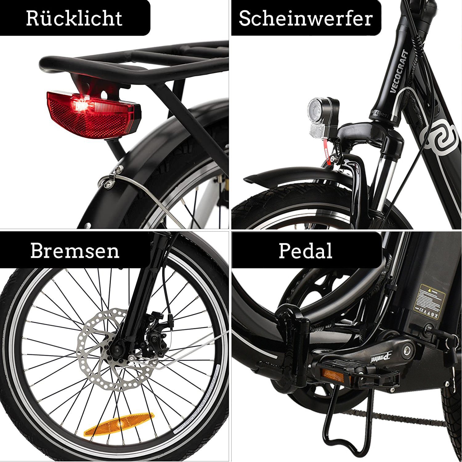 Heckmotor, E-Bike 20Zoll, Schaltwerk, Shimano Kettenschaltung, E-Pax Schwarz Wh 7 Gang 468,00 Akku VECOCRAFT