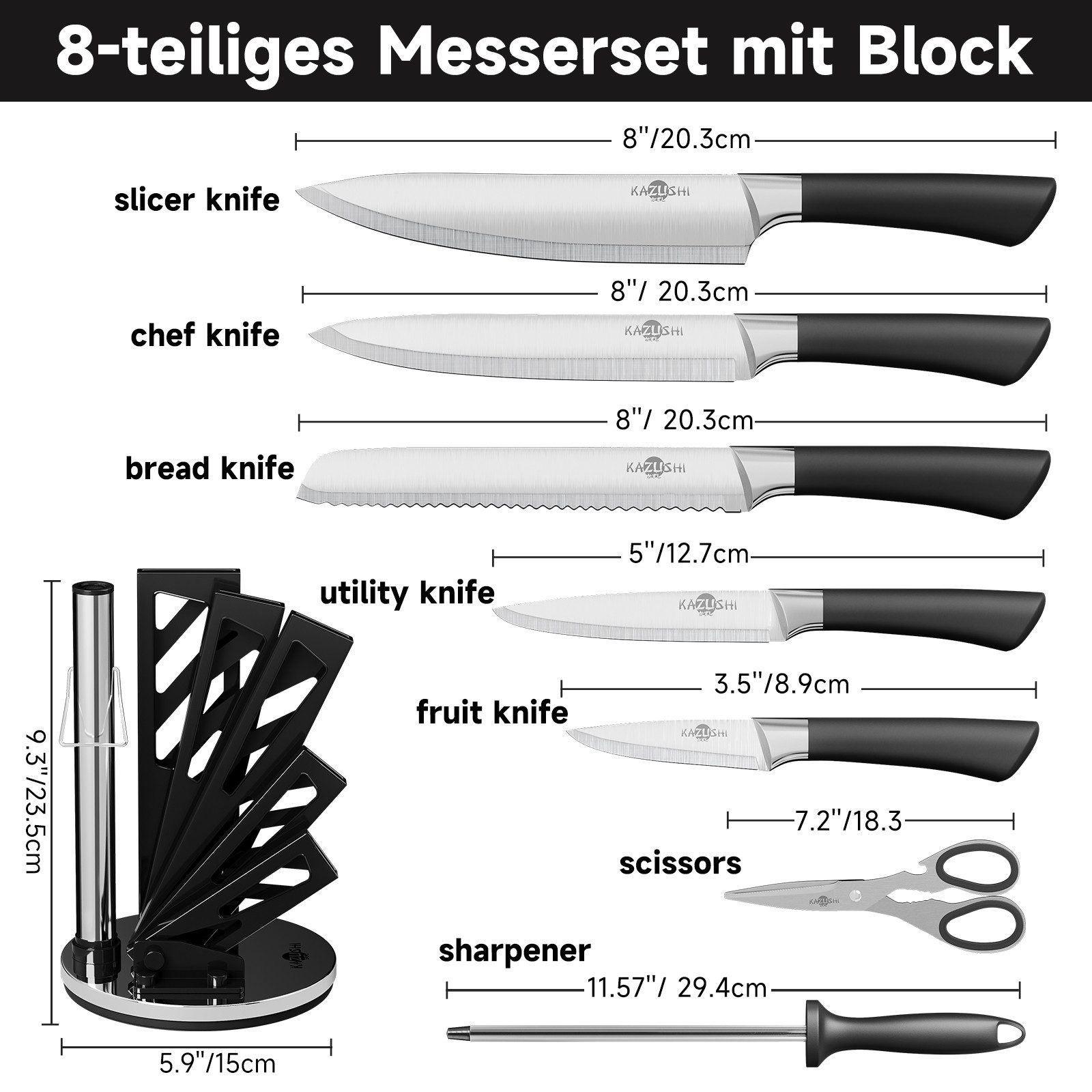 KAZUSHI Messer-Set 9/ 8/7/6teilig Messerblock Messerset Küchenmesser Set Profi Kochmesser (8-tlg), Edelstahl hochwertiges SelbstschärfenMesser Küchenmesser Set