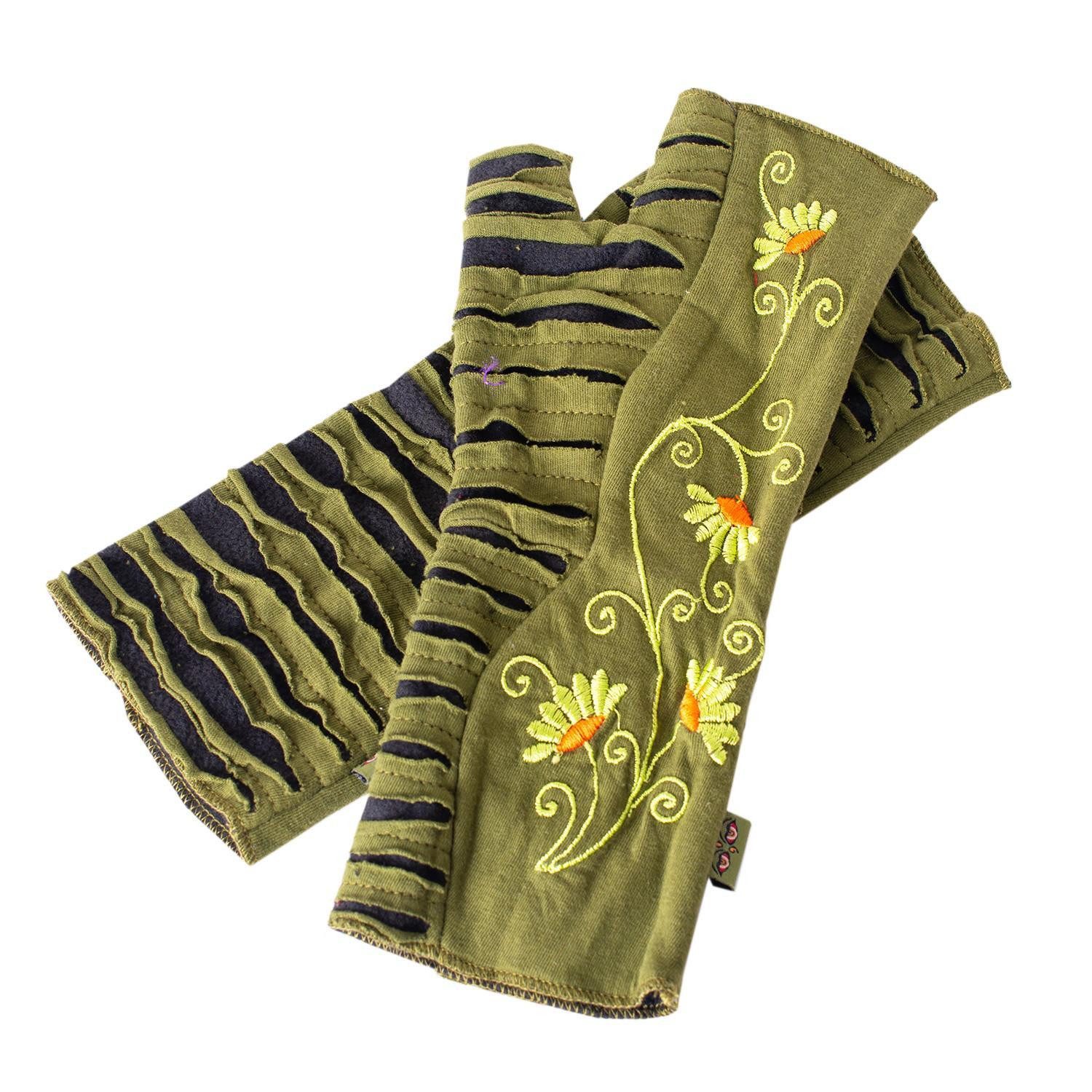 Vishes Armstulpen Warme Blumen bestickte Handstulpen, außen Baumwolle, innen Fleece Alternative Bekleidung, Ethno, Hippie, Retro Style