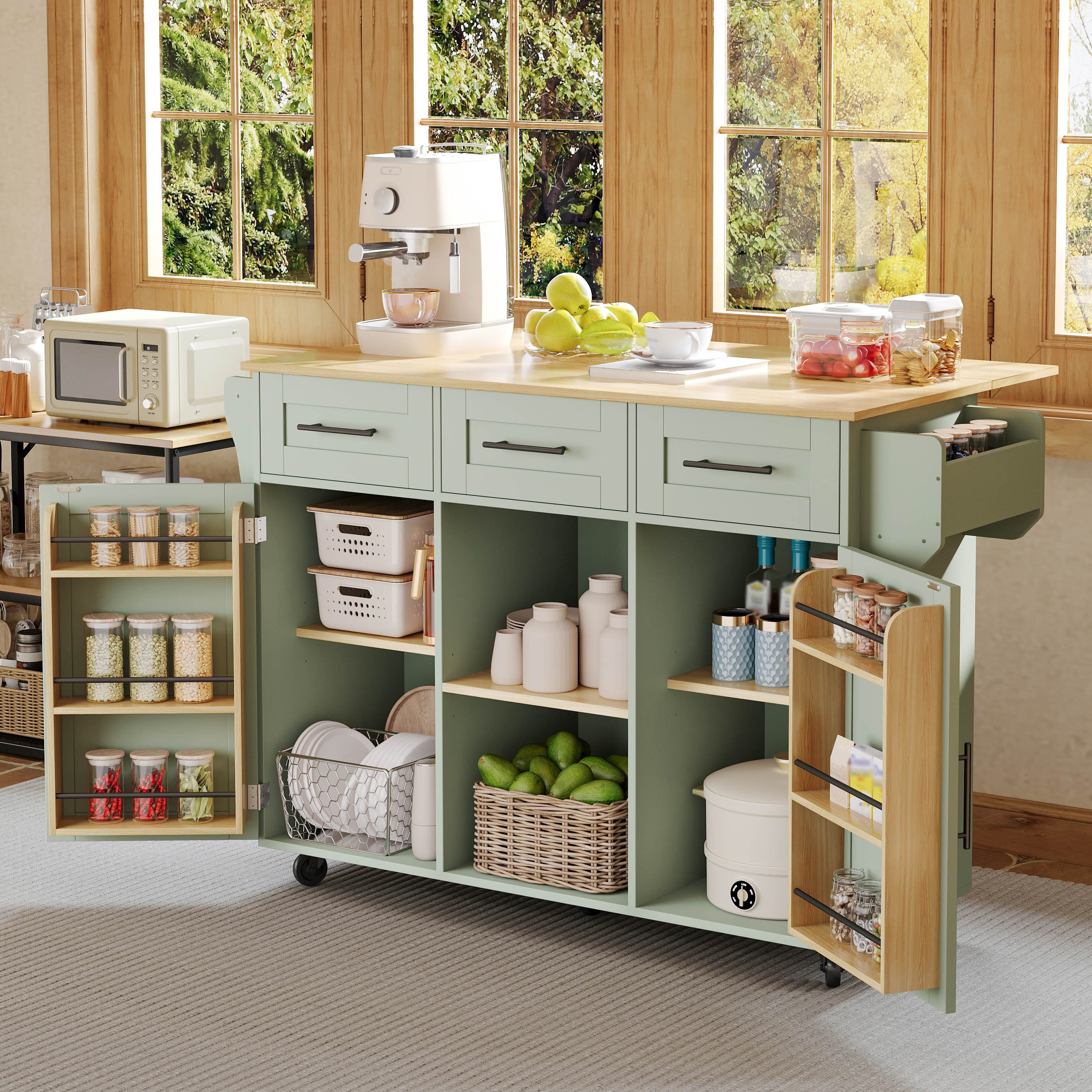 i@home Kücheninsel Küchenwagen auf Rollen mit ausklappbarer Arbeitsplatte, (freistehend, Anrichte & Esswagen, 3 Schubladen), Kühlschranktür-Design, Servierwagen für Küche & Esszimmer