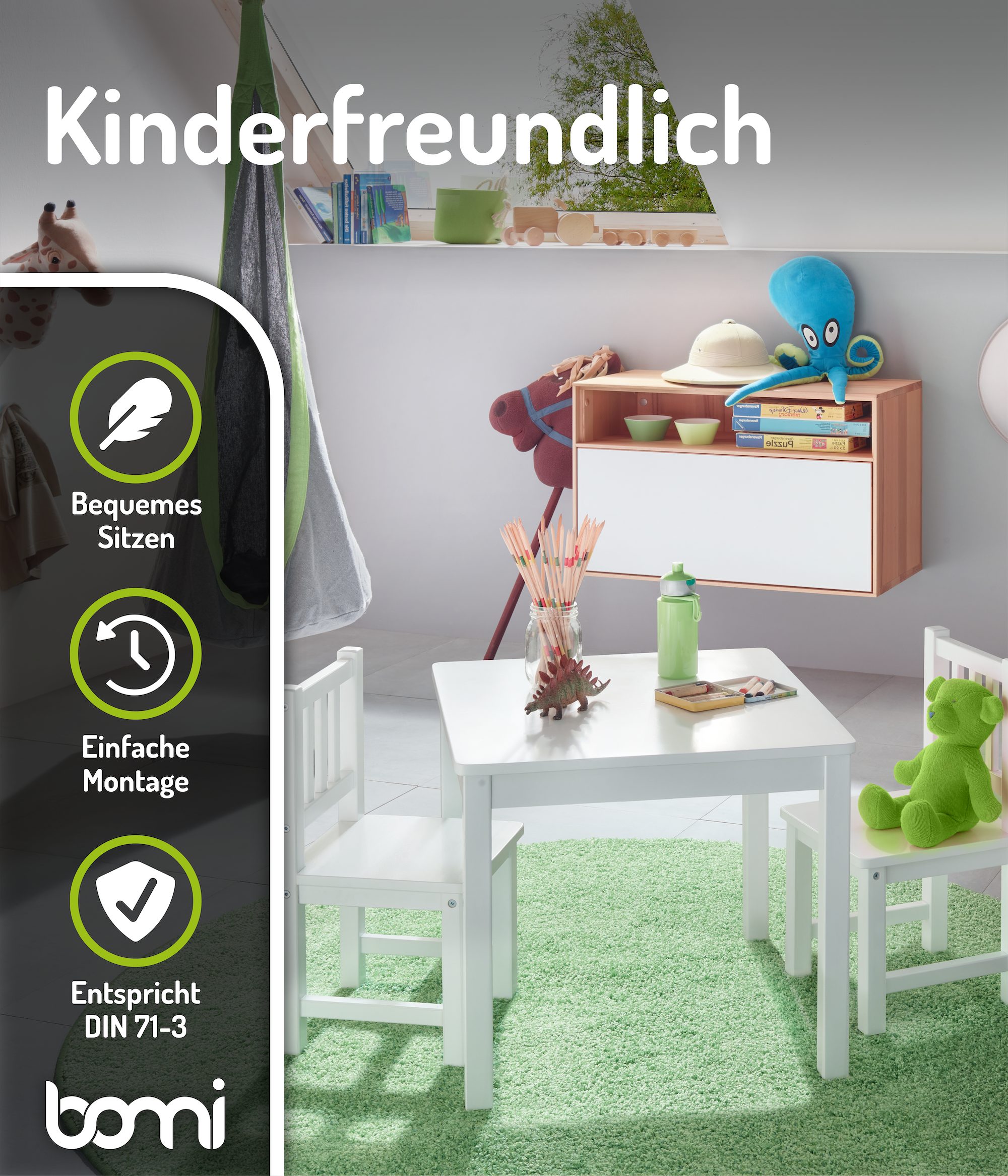 BOMI Kindersitzgruppe Holzsitzgruppe Amy, (Set, 3-tlg., oder 5 tlg. erhältlich), Kindertischgruppe, Tisch & Stühle Kinderzimmer, als Spiel- & Maltisch – Bild 5 von 5