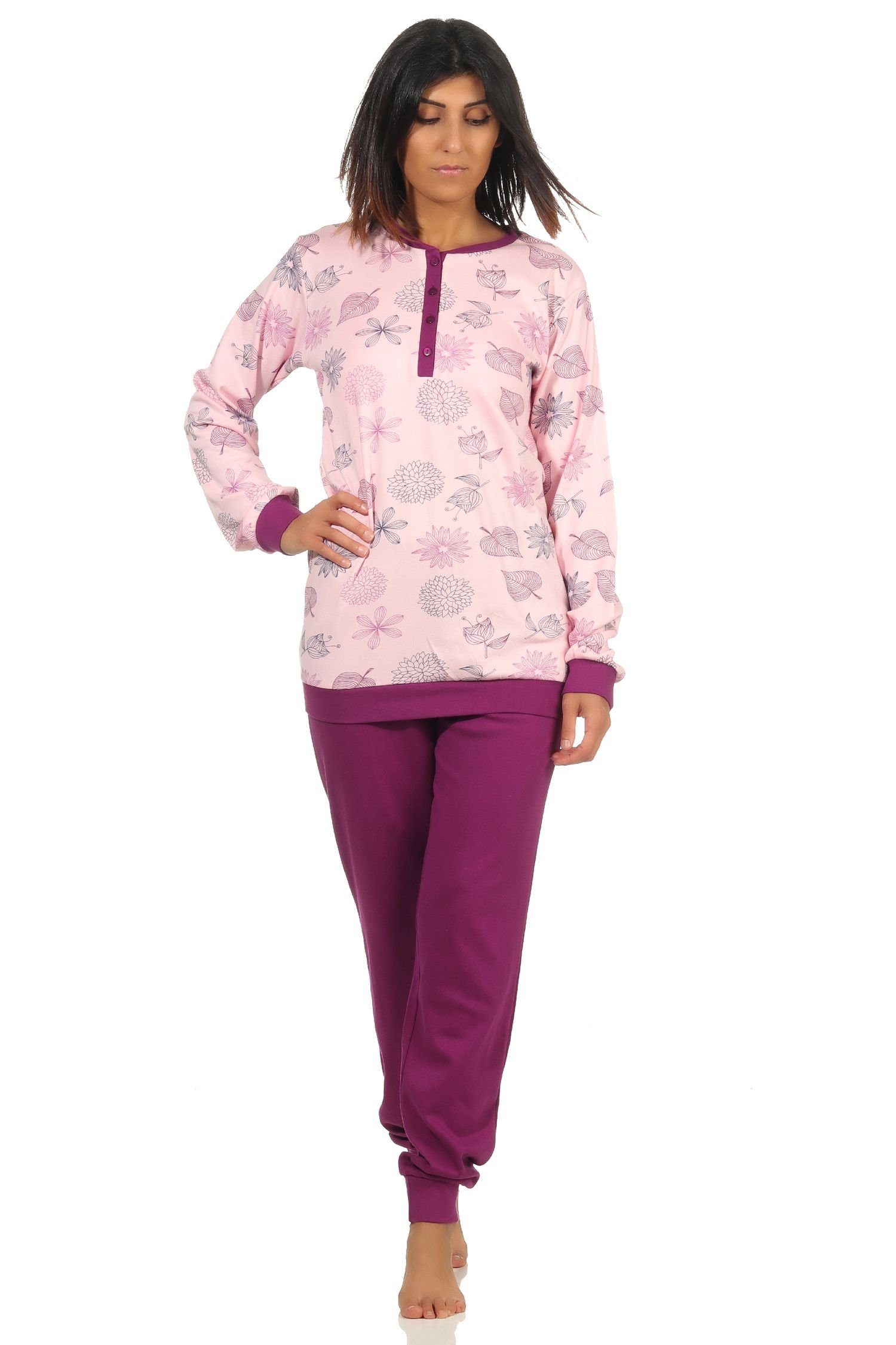 Bündchen auch - lang mit Damen Übergrößen Pyjama Interlock Normann rosa Pyjama in