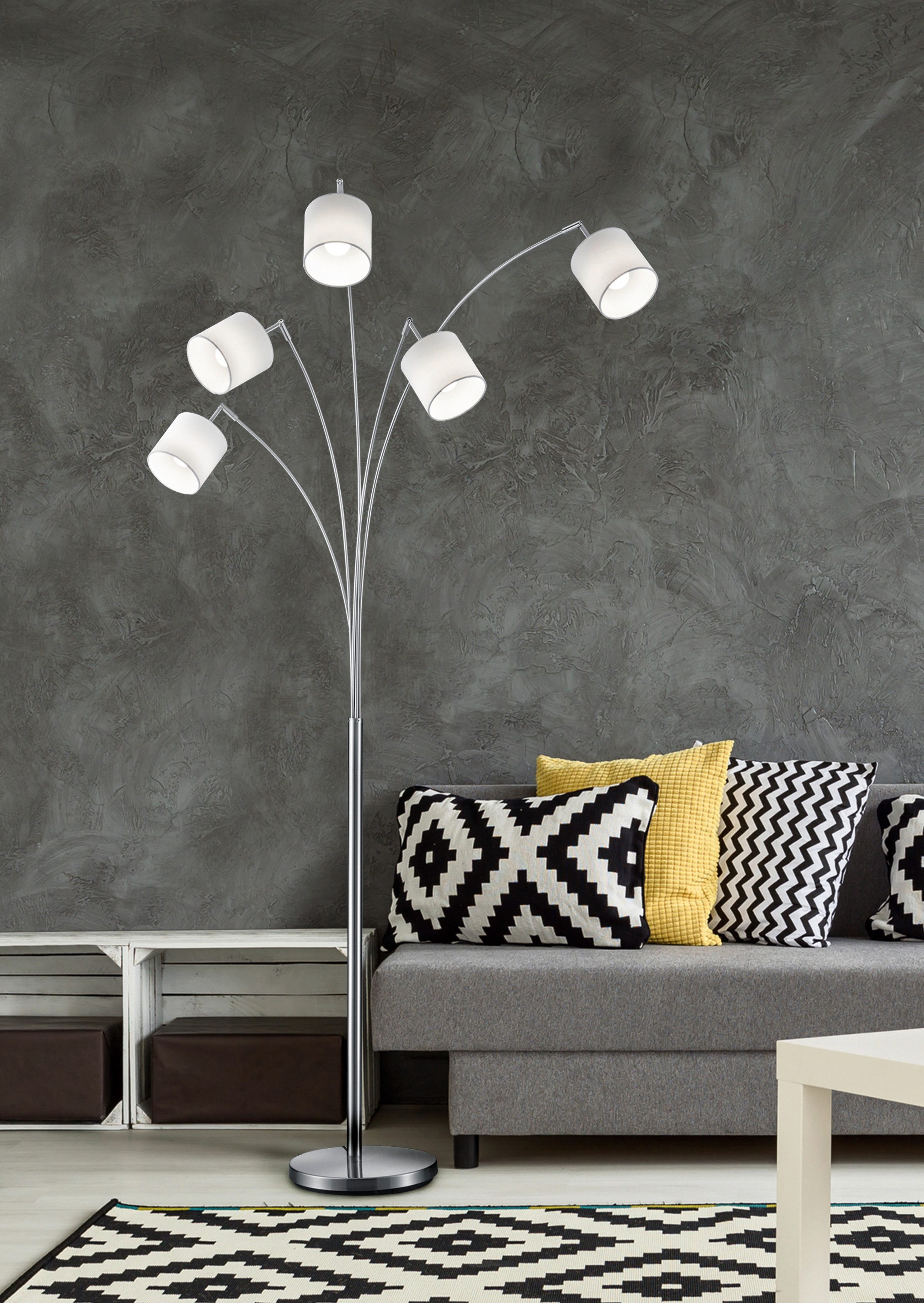 Reality Leuchten Stehlampe Tommy, Bogenleuchte 5-flammig, exkl 5x E14 max 28W, mit Fussschalter, Ein-/Ausschalter, Lesearm, Leuchtmittel wechselbar, warmweiß - kaltweiß, Stehlampe Wohnzimmer mit Stoffschirmen und verstellbaren Spots