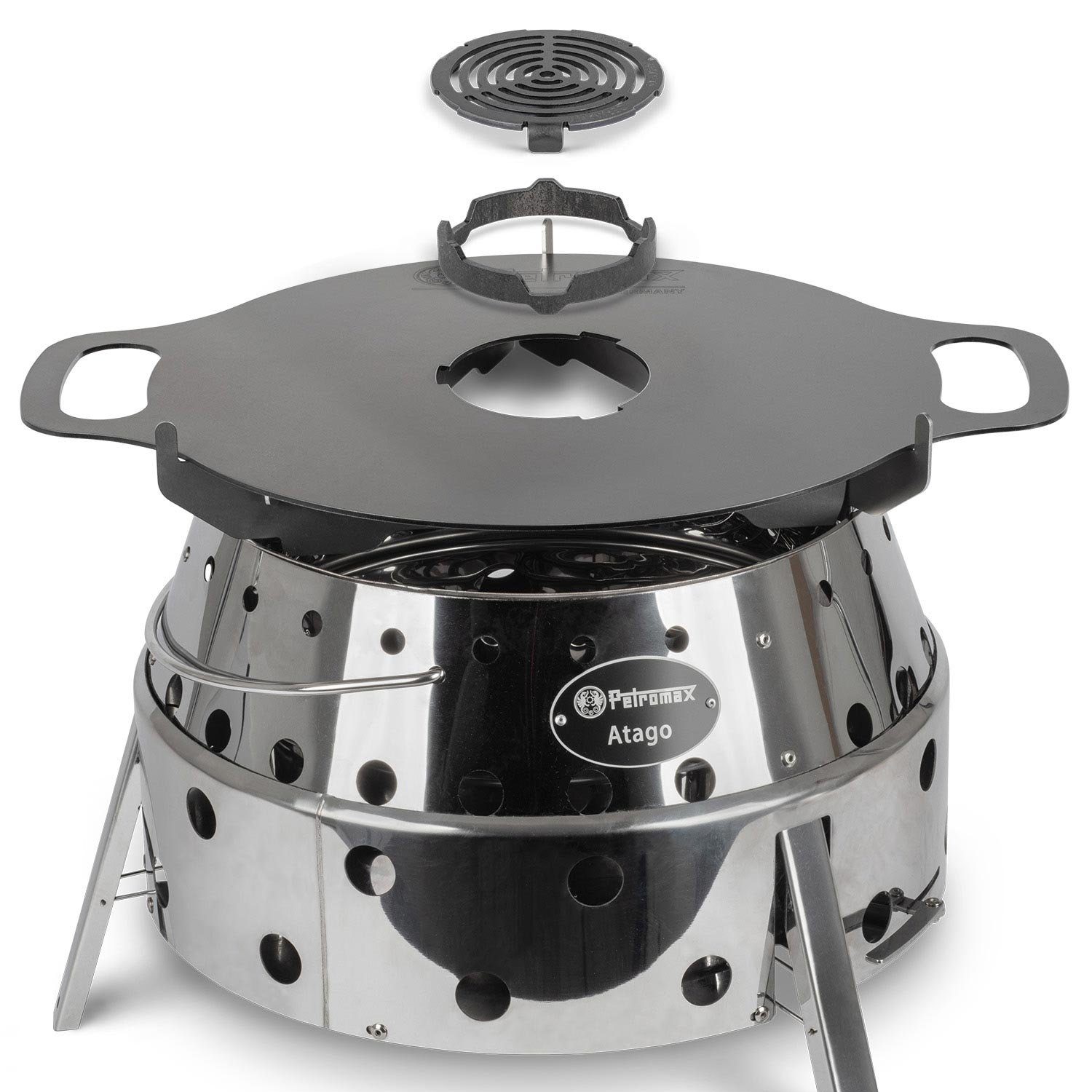 Petromax Feuerschale ATAGO + Plancha Grillplatte + Kochaufsatz + Grillrost + Trägergestell, (Spar-Set, 4-St., 1x Atago + 1 x Grillplatte + 1 x Kochaufsatz + 1 x Grillrost), mit intelligenten Klappmechanismus