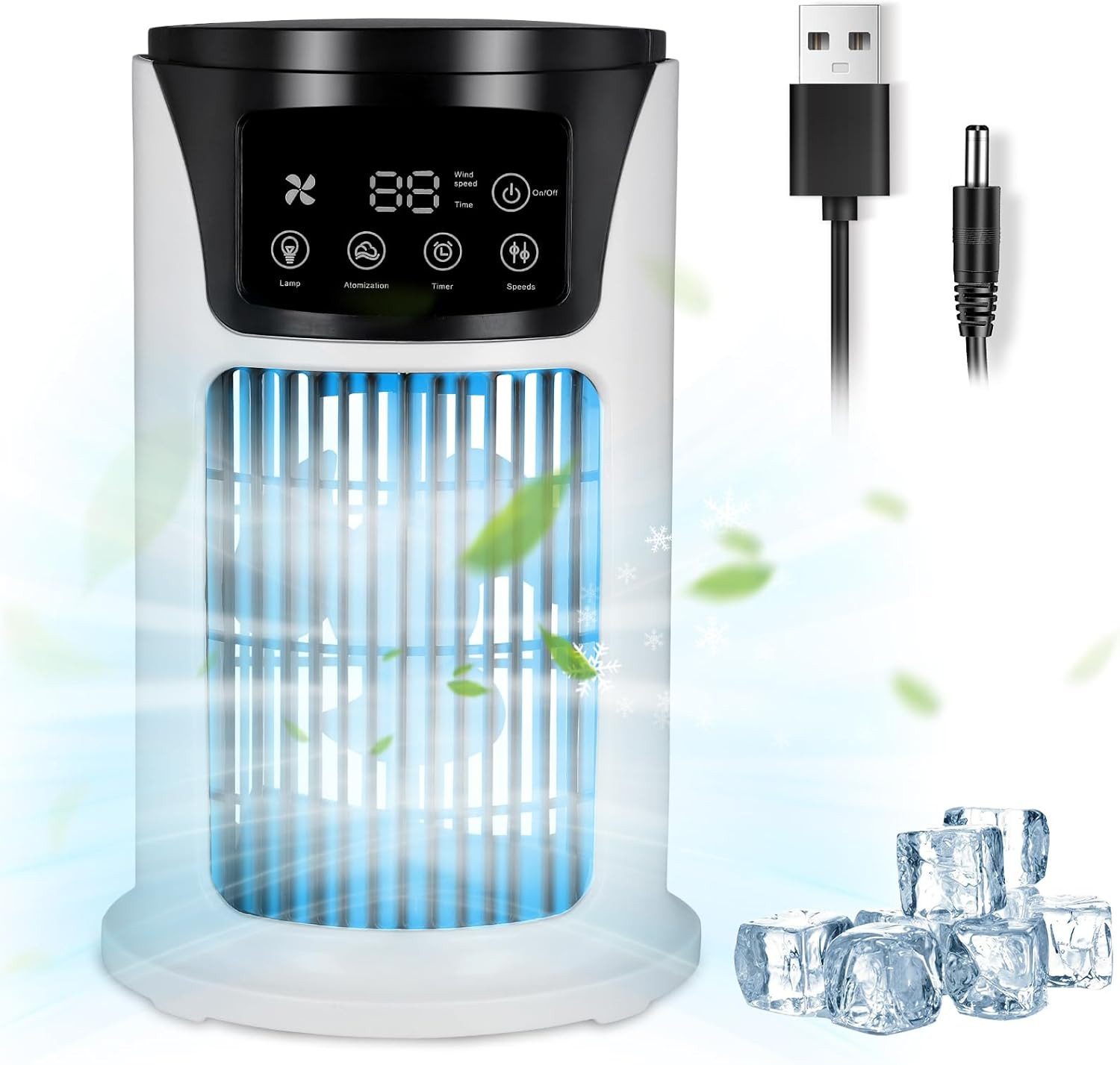 AKKEE Tischventilator Mini-Klimaanlage mit Ventilator, Turmventilator mit Timer, Tragbarer Ventilator