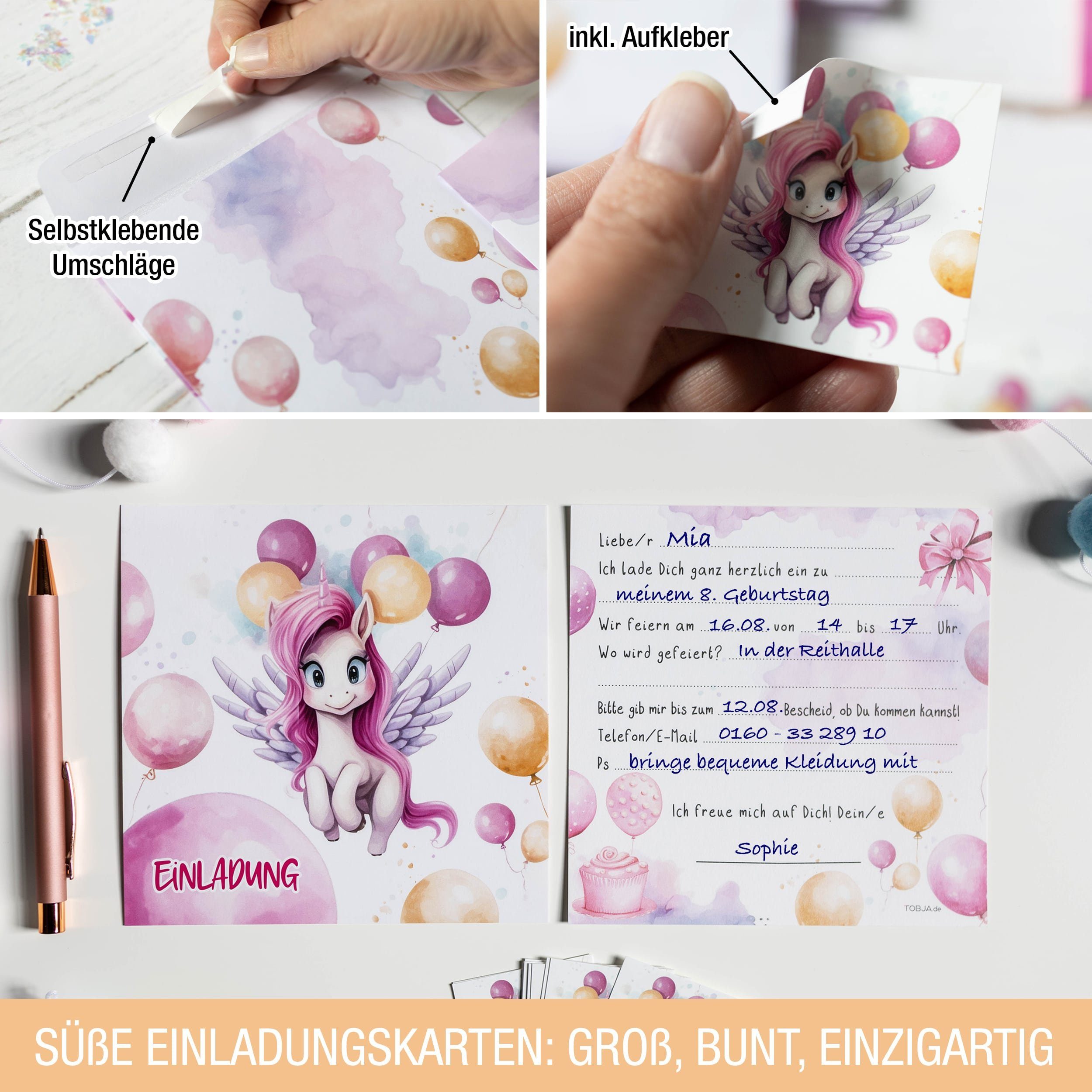 TOBJA Einladungskarten 10 Einladungskarten Einhorn inkl Umschläge und Sticker, Kindergeburtstag Mädchen Geburtstag Einladung Kinder – Bild 5 von 5