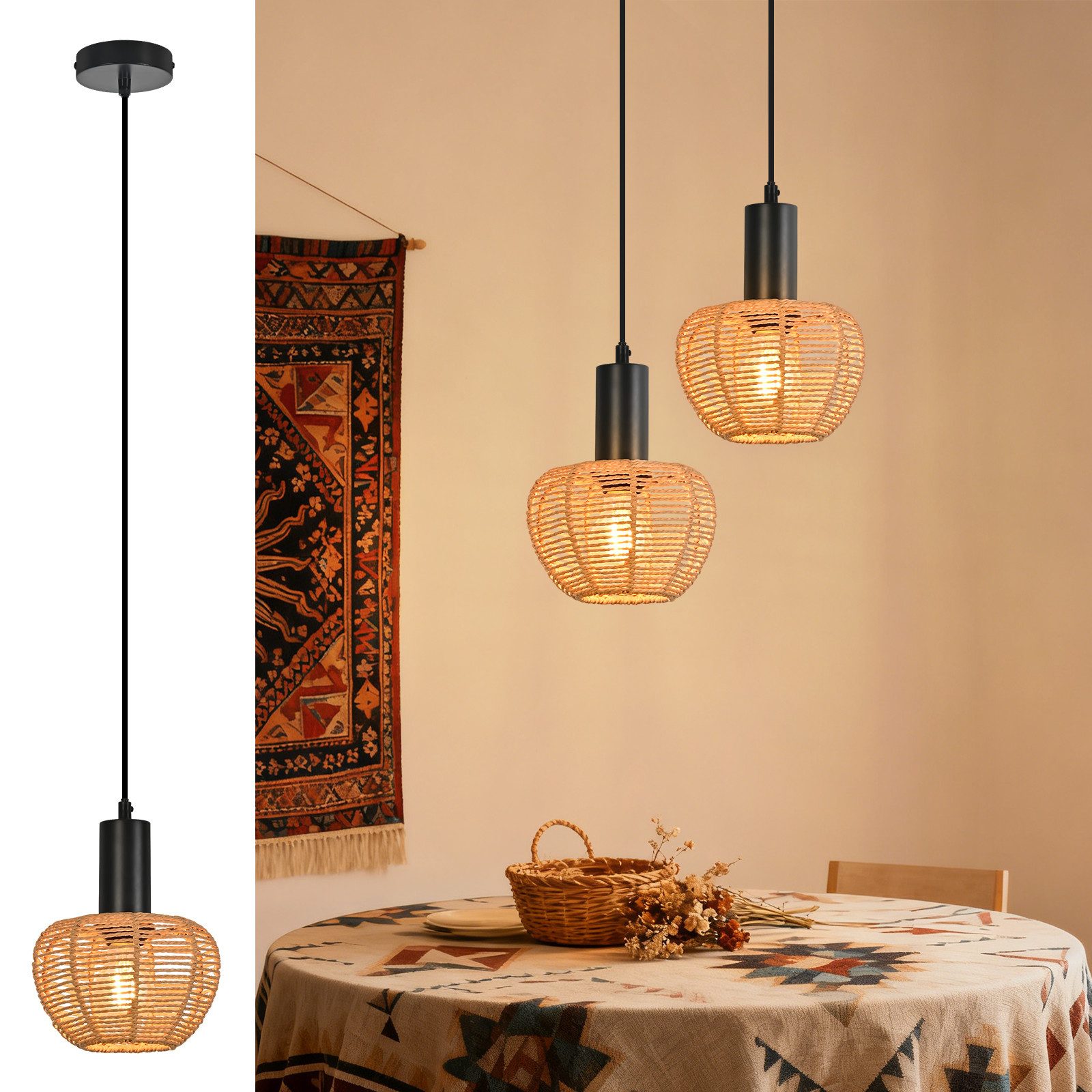 ZMH Pendelleuchte Esstisch, 1/3-flammig, Hängeleuchte mit geflochtenem Papierschirm, bis 120 cm höhenverstellbar, ohne Leuchtmittel, E27, Boho Vintage