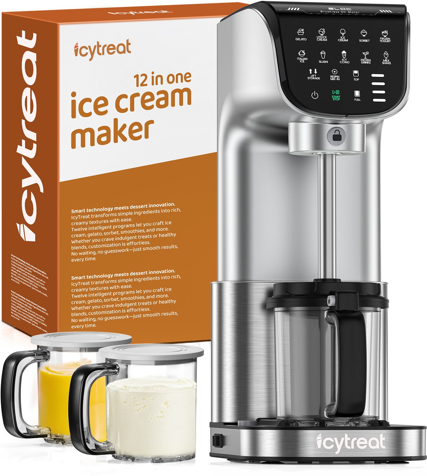 IcyTreat Eismaschine IcyTreat IC-1010 EU 12-in-1 540 ml * 3, 1,6 l, 500 W, inklusive Rezeptheft + Messlöffel, 12 One-Touch-Programme