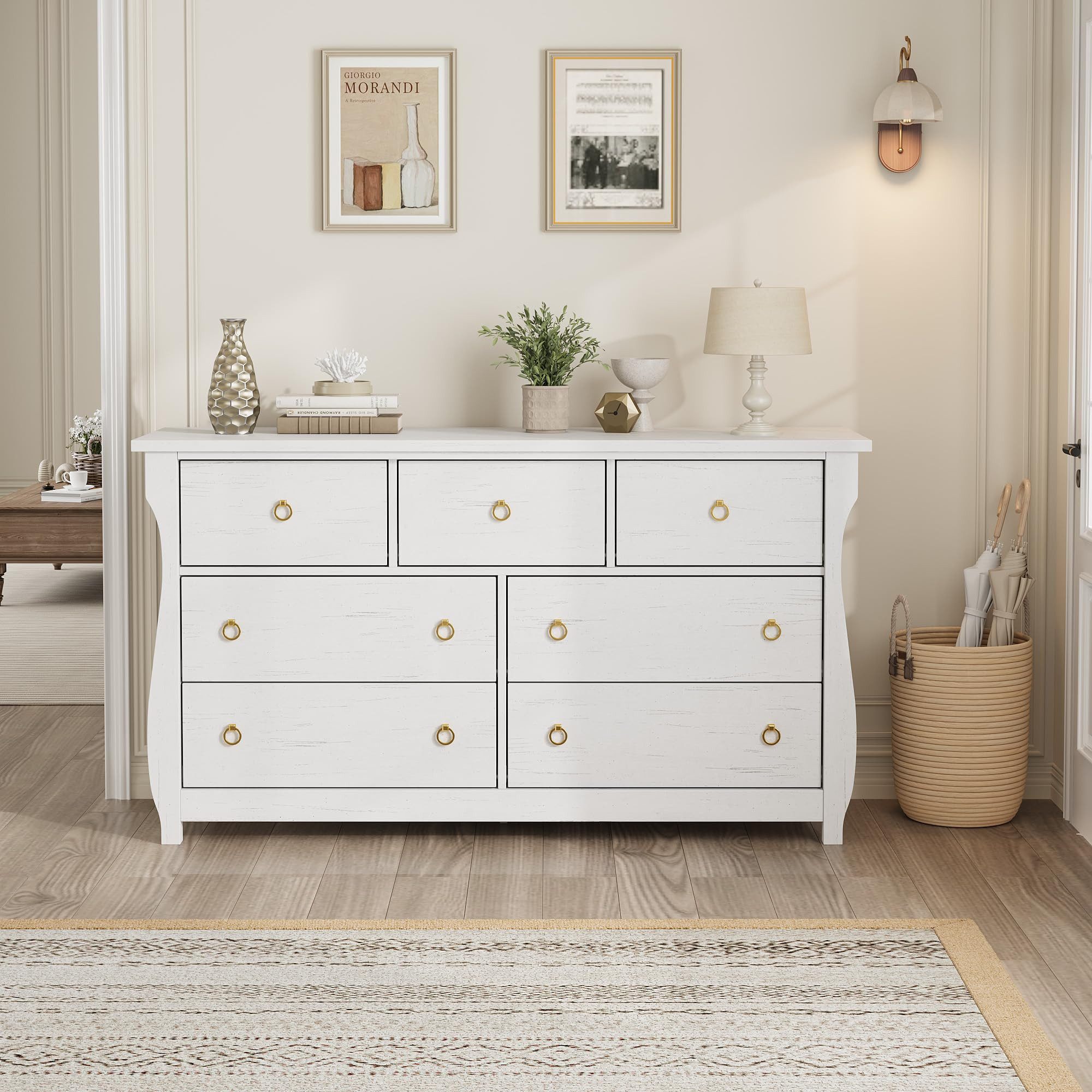 GarveeMore Kommode Boho-Charme Schubkastenkommode Nachtkommode Sideboard mit 7-Schubladen, 137 cm breit Anrichte, TV-Schrank für Schlafzimmer, Wohnzimmer, Flur