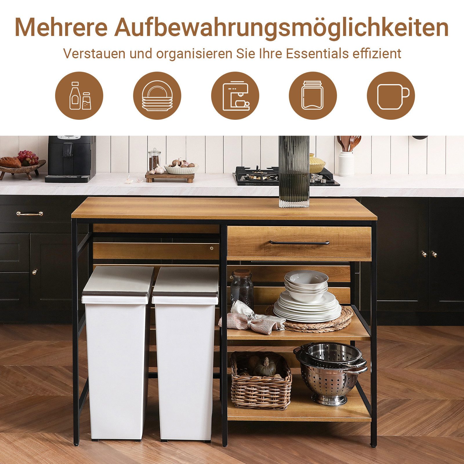 SoBuy Küchenbuffet FSB71, Kücheninsel freistehend, Küchentisch Küchenwagen, Vintage Sideboard mit 1 Schublade und 2 offnen Ablagen Küchenschrank