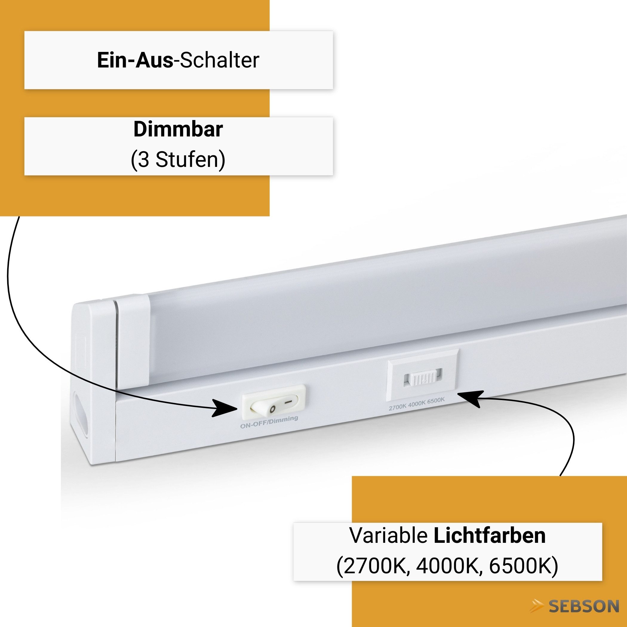 SEBSON Aufbauleuchte LED Unterbauleuchte 55cm - dimmbar, 3 Lichtfarben, schwenkbar, Stecker, Programmierbar: Warmweiß, Neutralweiß, Kaltweiß, Programmierbar: warmweiß 2700K/ neutralweiß 4000K/ kaltweiß 6500K