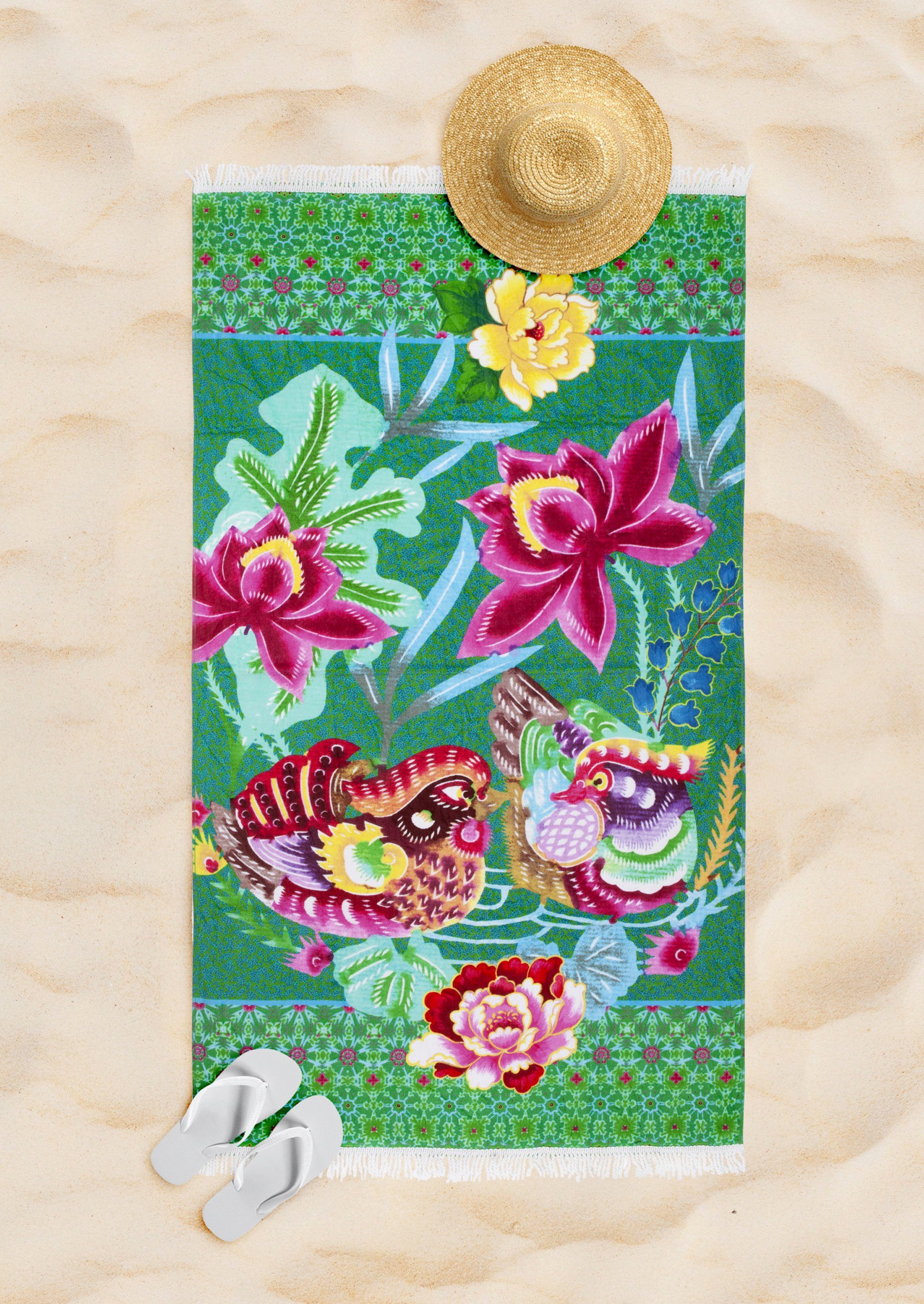 Happiness Strandtuch Harmony, Frotteevelours (1-St), Baumwolle, Velours, 100x180, Fransen, Weich, Strand, Erwachsen, Blumen