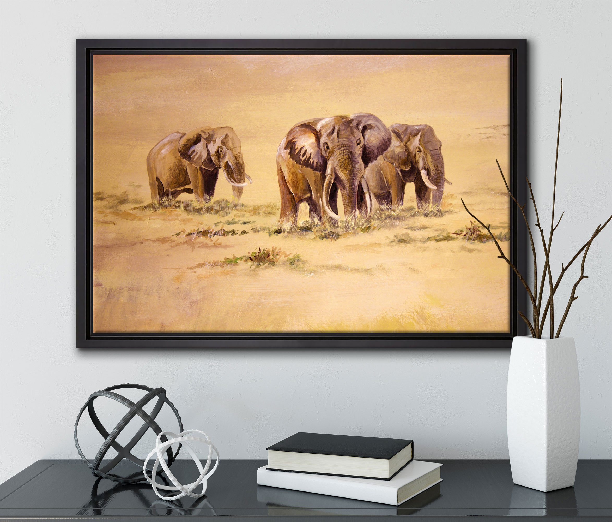 Wanddekoration Zackenaufhänger in fertig inkl. einem Südafrika, Leinwandbild St), (1 in bespannt, Leinwandbild Pixxprint Elefanten Schattenfugen-Bilderrahmen gefasst,