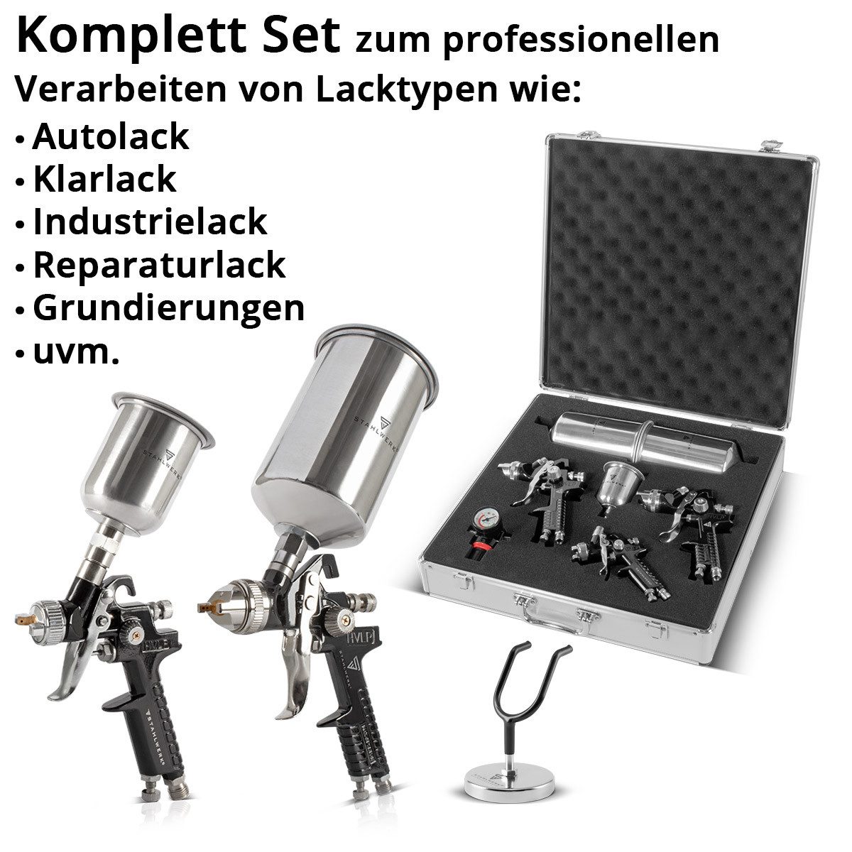 STAHLWERK Druckluftwerkzeug HVLP Lackierpistolen Set SGS-1125 ST, (Packung, 14-tlg., Set), mit 0,8 / 1,4 / 1,7 mm Düsensatz