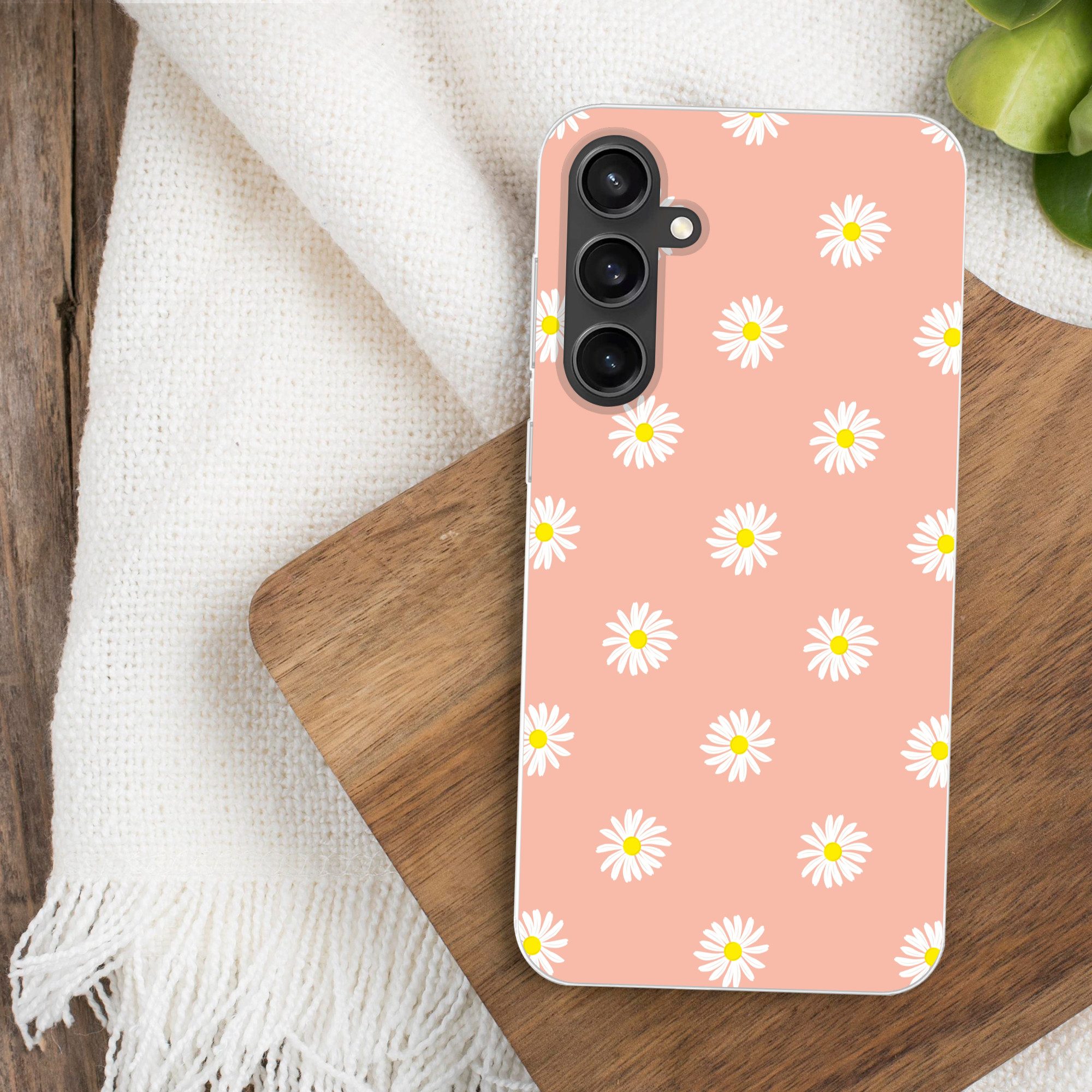 MuchoWow Handyhülle für Samsung Galaxy S23 FE Gänseblümchen - Pastell - Weiß - Rosa - Blum