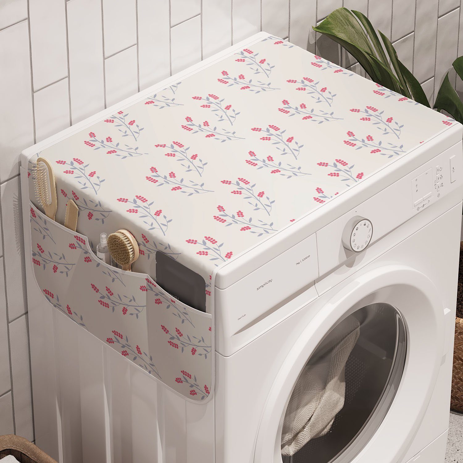 Abakuhaus Badorganizer Anti-Rutsch-Stoffabdeckung für Waschmaschine und Trockner, Blumen Weiche farbige Berry Reisig