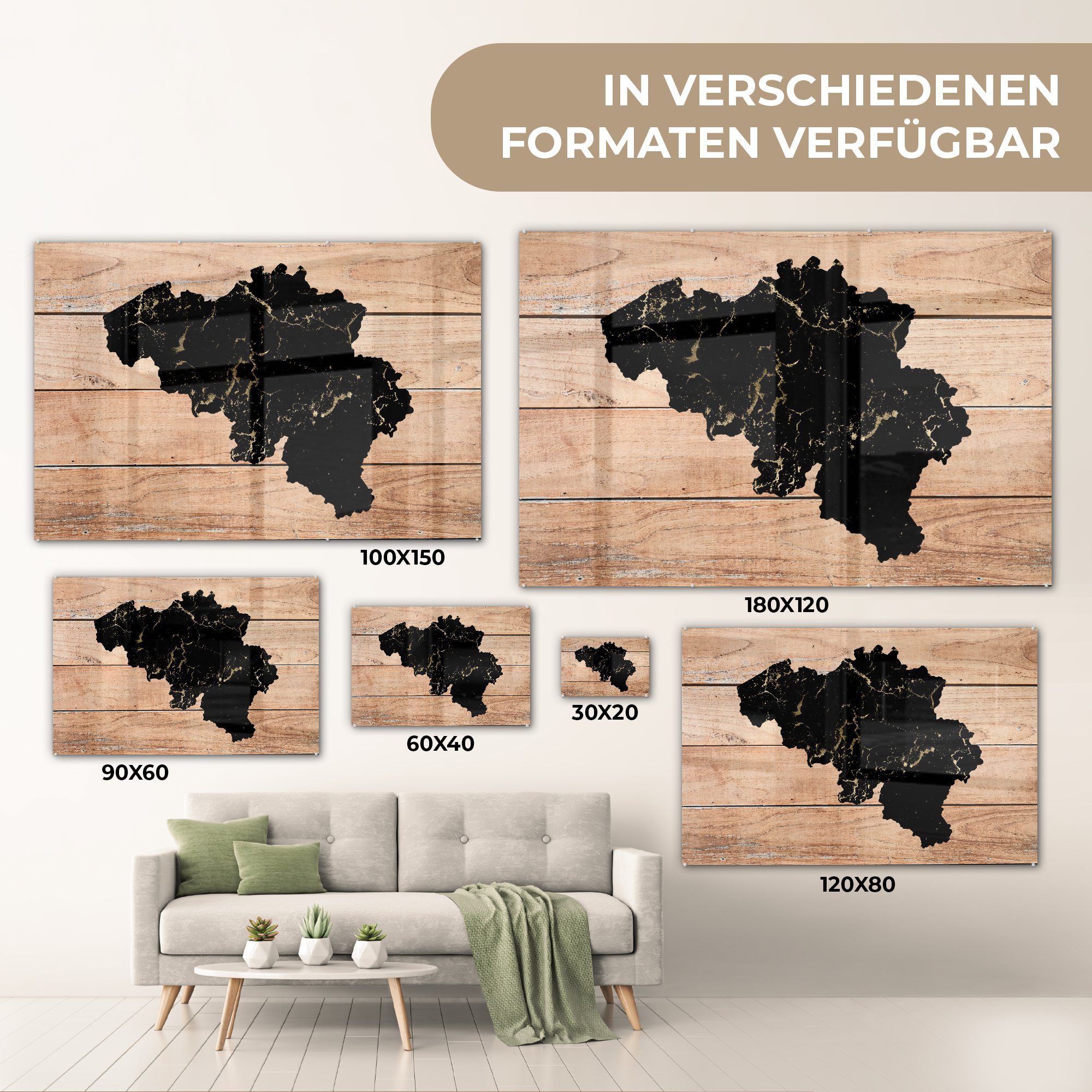 MuchoWow Karte Belgien - Schlafzimmer St), Wohnzimmer Acrylglasbild - Holz, & (1 Acrylglasbilder