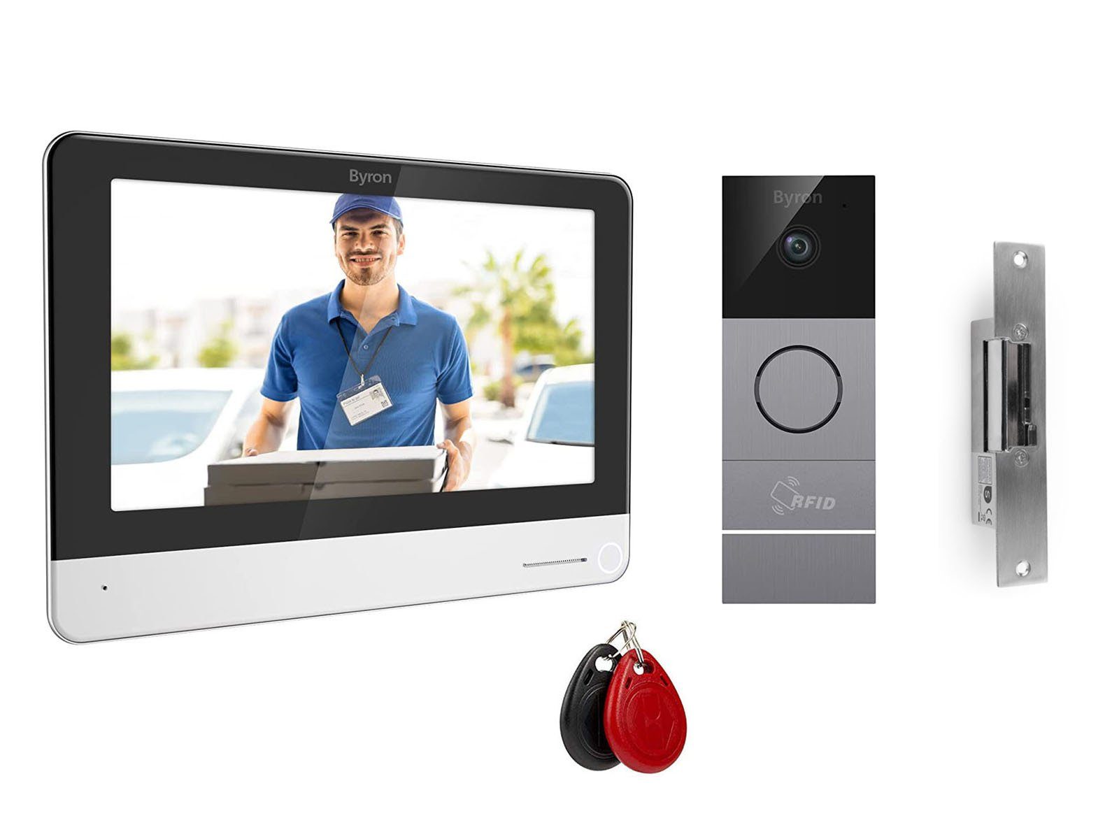 Byron Video-Türsprechanlage (Einfamilienhaus, Türkommunikation, Türklingel keyless, 3-tlg., RFID Haus-Klingelanlage mit Kamera Touchscreen, Monitor & Türöffner)