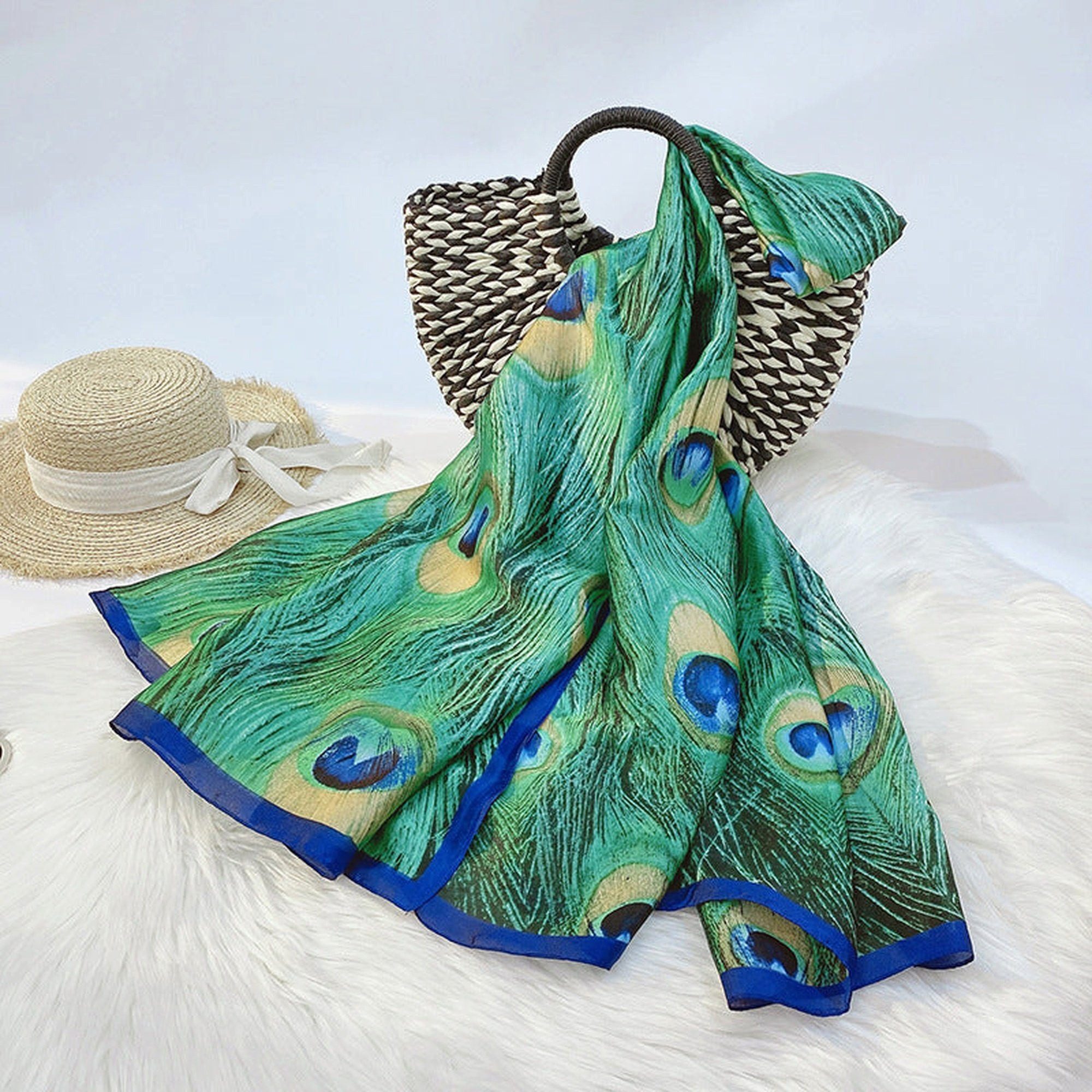 AUKUU Seidentuch Frühlings Frühlings und Sommerimitat Seidenschal mit buntem, Muster modischer dekorativer Sonnenschutzschal für Frauen