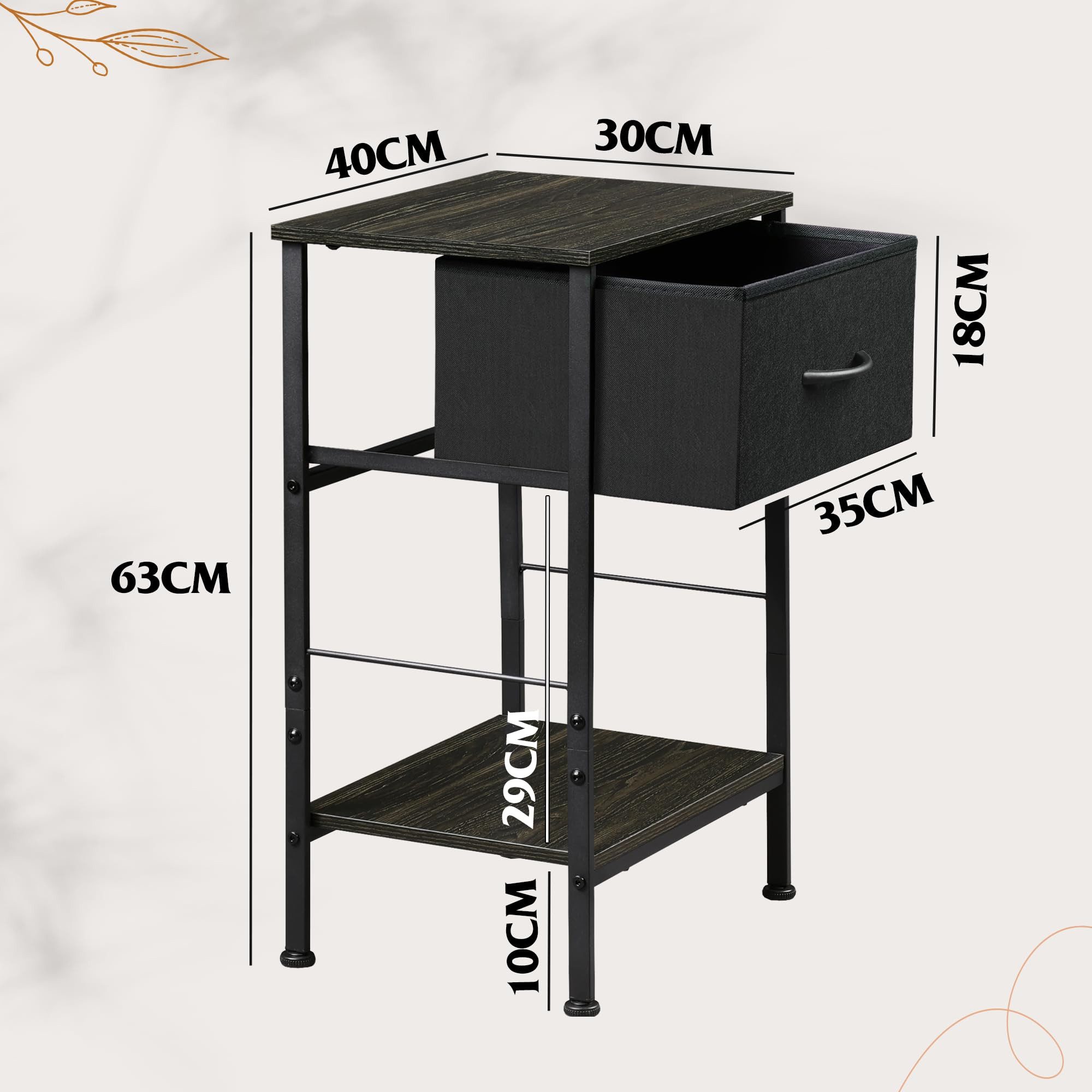 WLIVE Beistelltisch Nachttisch mit Stoffschublade & Ablage, 40×30×63 cm, Metallrahmen (1 Tisch), platzsparender Nachtschrank fürs Schlafzimmer & Wohnzimmer – Bild 3 von 5