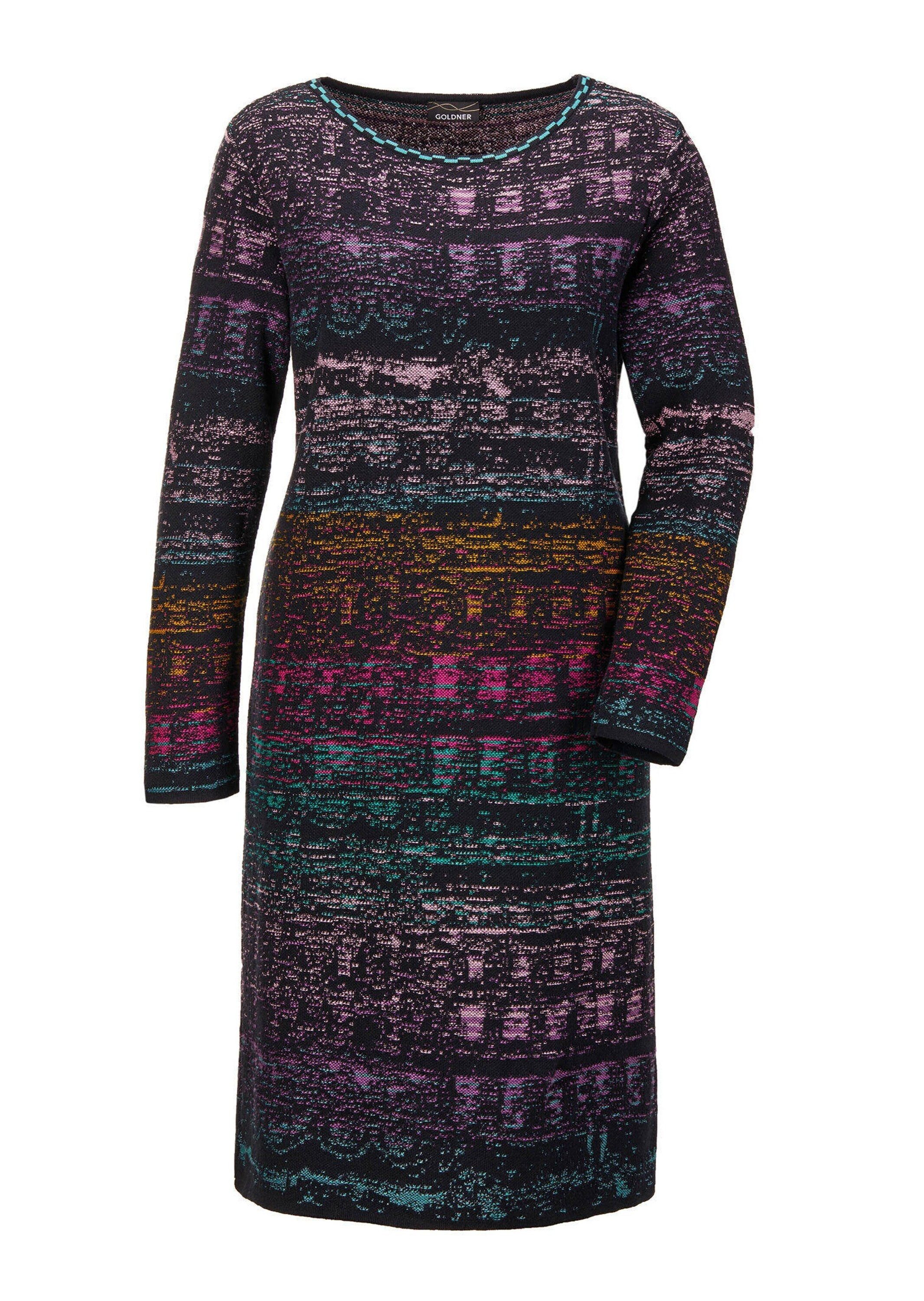 GOLDNER Strickpullover Kurzgröße: Baumwoll-Strickkleid, Rundhals Knieumspielendes Midikleid mit Tubularblende und Langarm