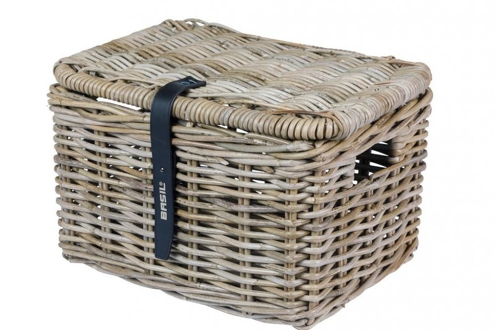 Basil Fahrradkorb Basil Dax S Vorderradkorb Grau Rattan grobmaschig mit Deckel 37x27x24