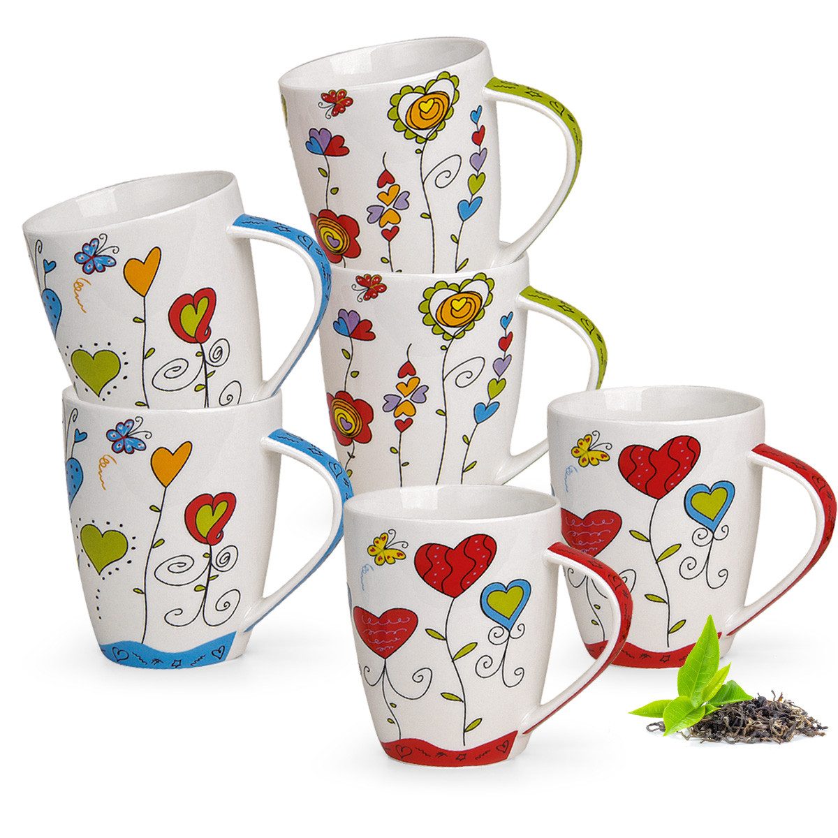 matches21 HOME & HOBBY Tasse Kaffeetassen 6er Set Blumen Herzen Frühling Sommer, 6-tlg., Porzellan, Tee Kaffee-Becher, modern, blau grün rot bunt, 300 ml