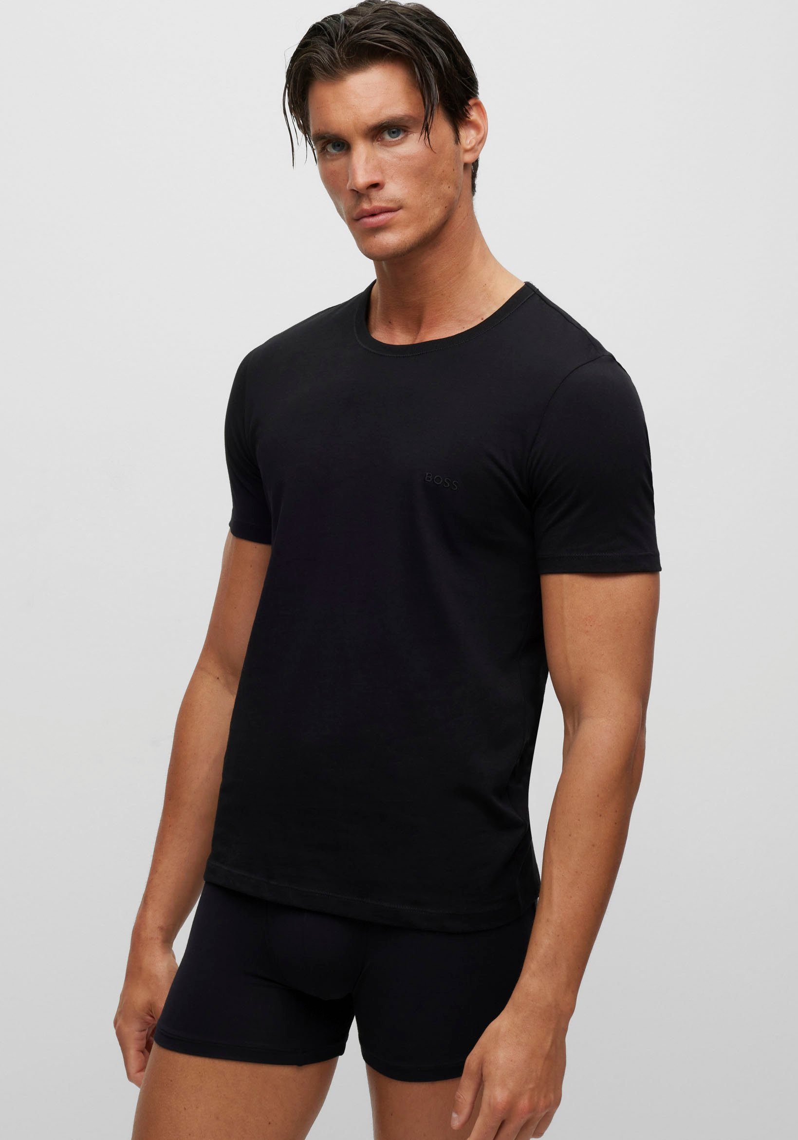 T-Shirt black001 Logo-Print mit (3er-Pack) T-Shirt BOSS Rundhals dezentem BOSS