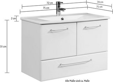 Saphir Badmöbel-Set Quickset 341 3-teilig, Keramik-Waschtisch und LED-Spiegelschrank, (Set, 3-St), mit Midischrank, inkl. Türdämpfer, 7 Türen, 3 Schubladen
