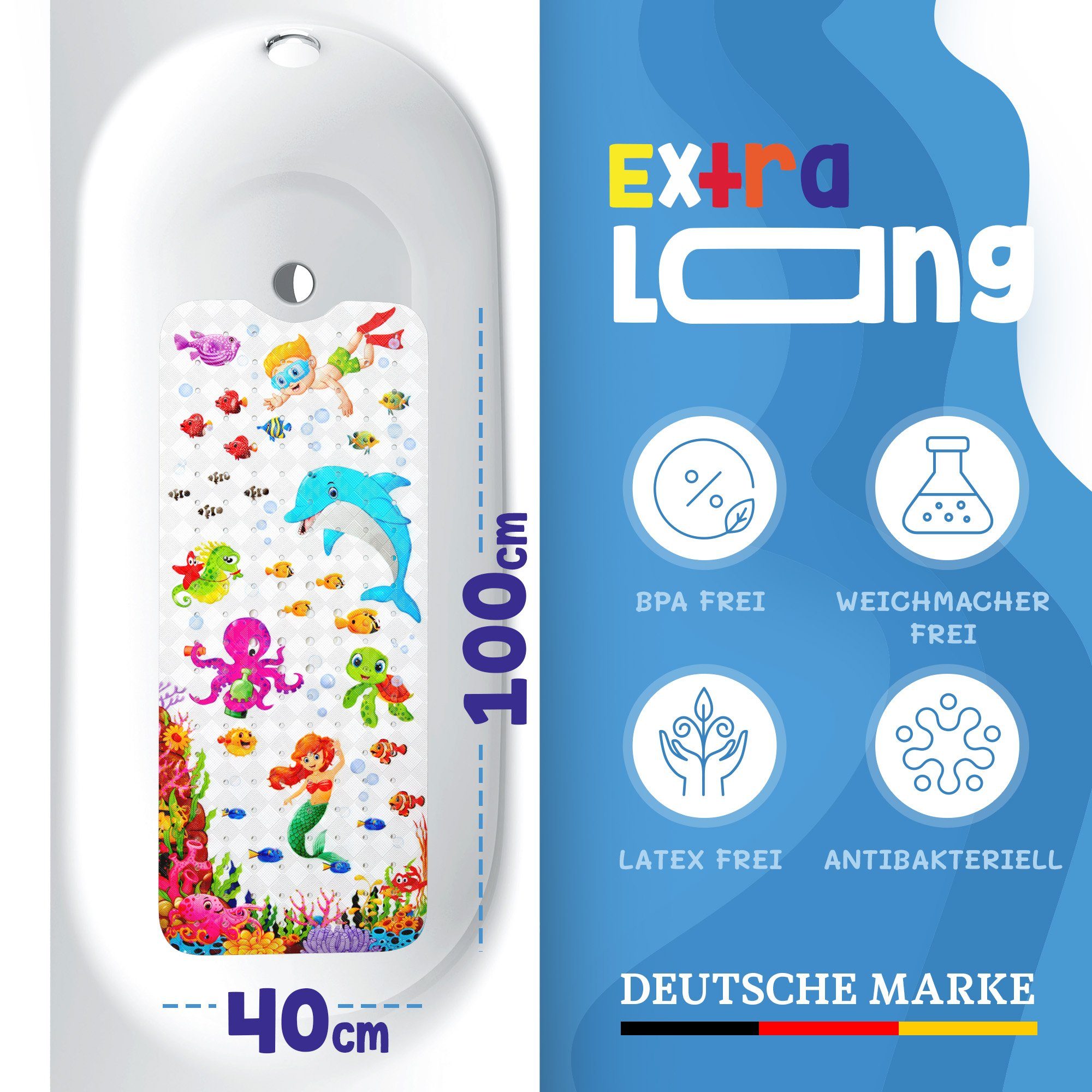 Delluxia Bathtub Mat for Children, Non-Slip, XL, W: 40 cm, L: 100 cm, incl. Hanging Loop, Odorless, Mold-Free, Plasticizer-Free