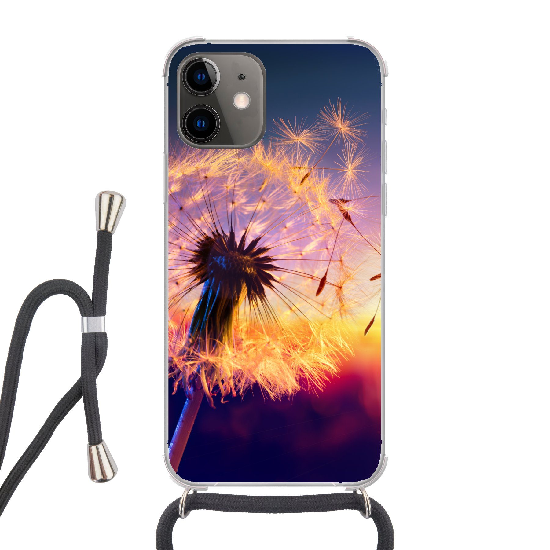 MuchoWow Handyhülle für Apple iPhone 12 Löwenzahn - Blumen - Sonnenuntergang - Horizont -, Tragbare Handyhüllen mit Kette zum umhängen, Handykette Handyband