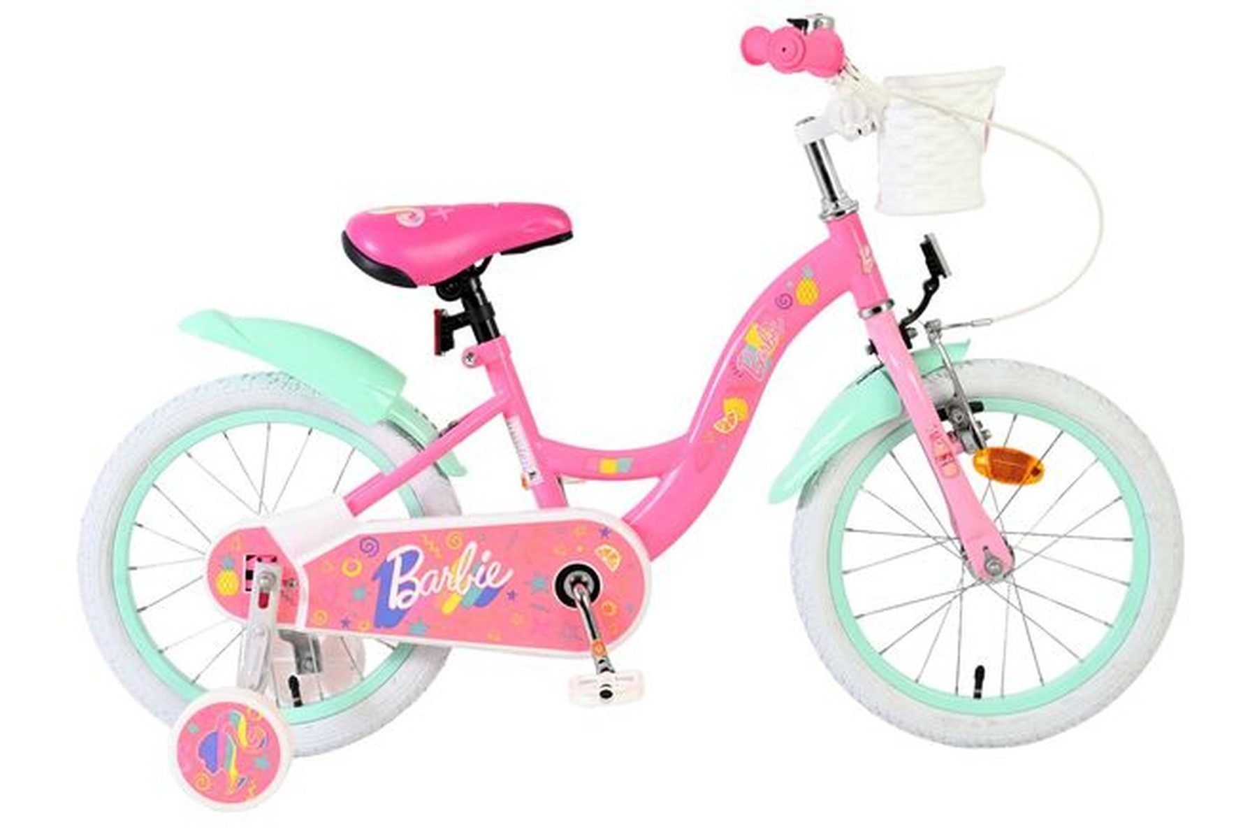 Volare Kinderfahrrad Barbie Mädchen 16 Zoll Rosa – höhenverstellbar mit Korb und Stützräder, Mit Rücktrittbremse und Handbremse, geschlossener Kettenschutz