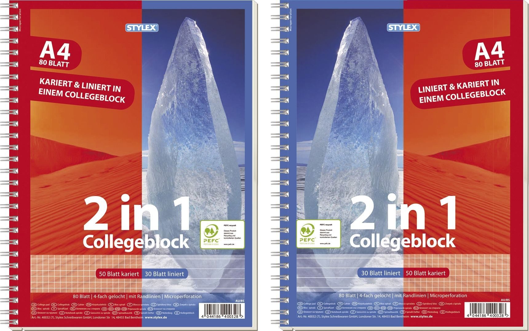Stylex Notizblock 2 in 1 liniert und kariert DIN A4 Innen- und Außenrand