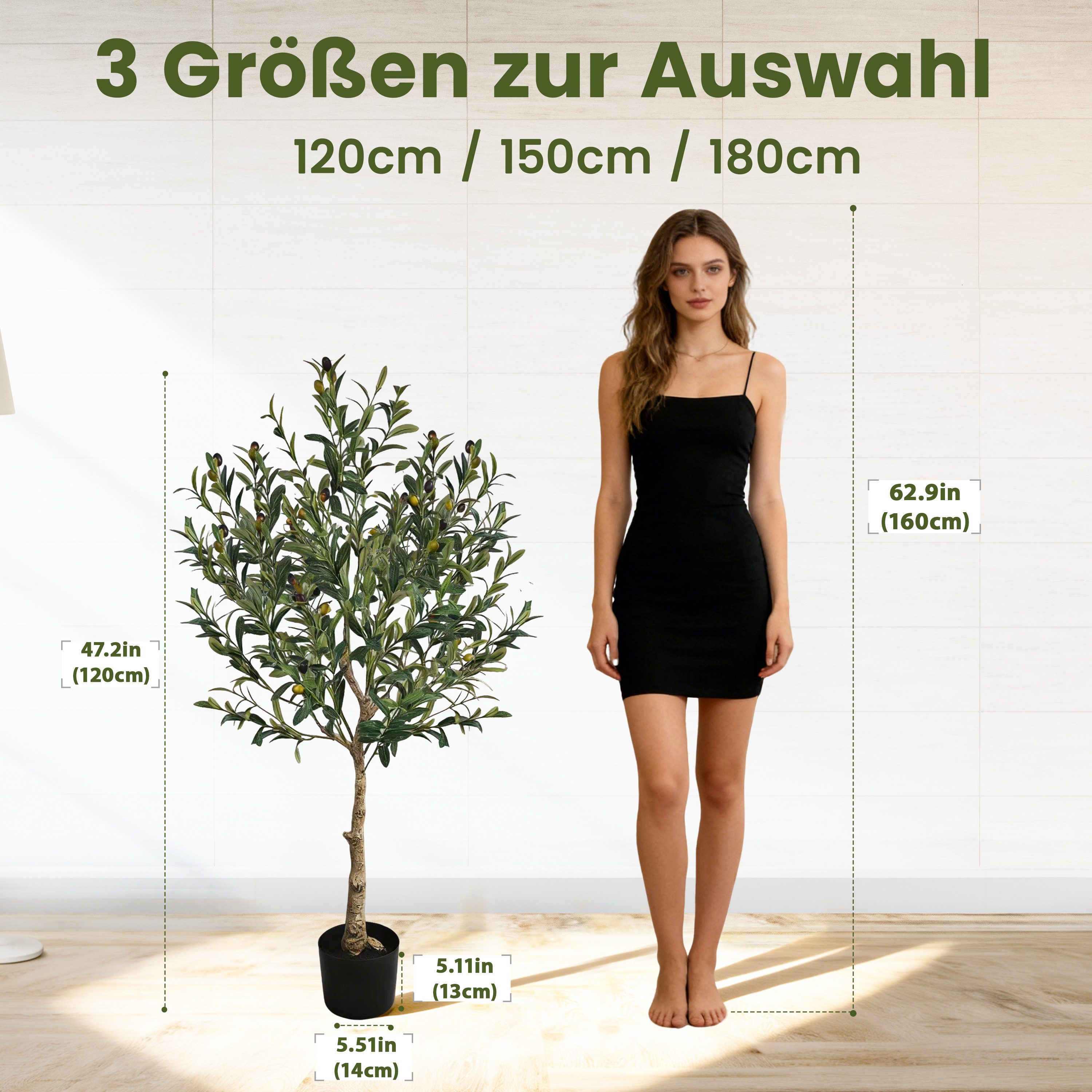 Kunstbaum Künstliche Olivenbaum Kunststoffpflanzen Dekopflanzen, Ribelli, Höhe 120 cm, für Zuhause, Wohnzimmer, Schlafzimmer, Garten, 120/150/180cm