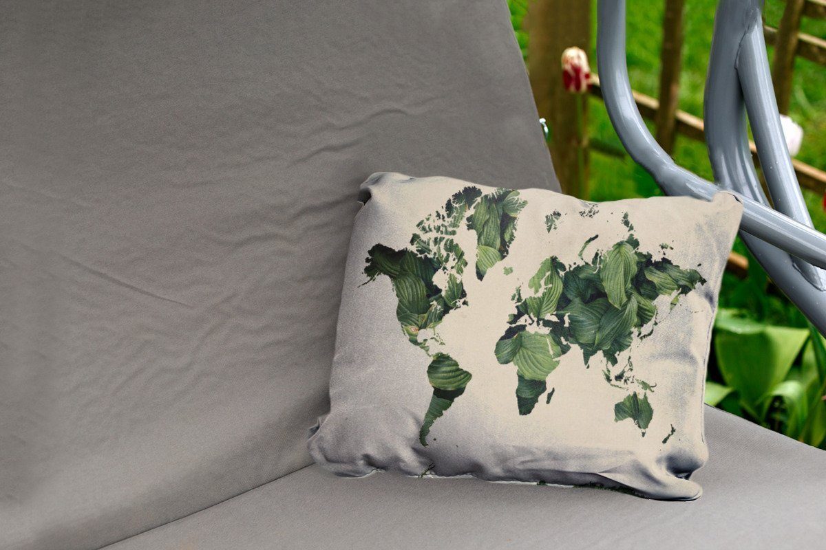 Polyester, - Blätter Outdoor-Dekorationskissen, Grün, MuchoWow - Dekokissen Kissenhülle Dekokissenbezug, Weltkarte