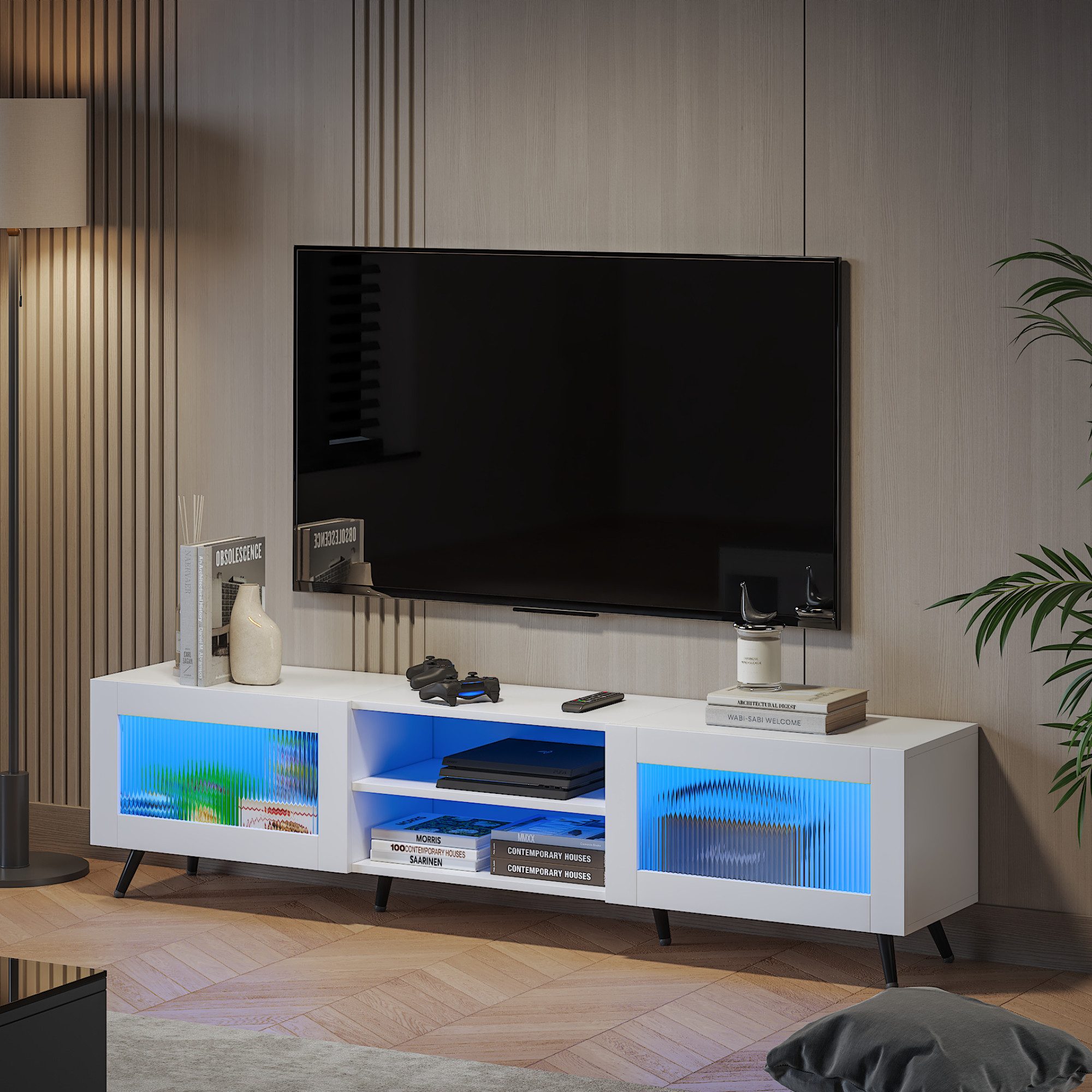 radelldar Lowboard mit LED-Beleuchtung und 2 Acryltüren, 160 x 29 x 40cm (1 St), TV-Schrank für Fernseher bis 70 Zoll