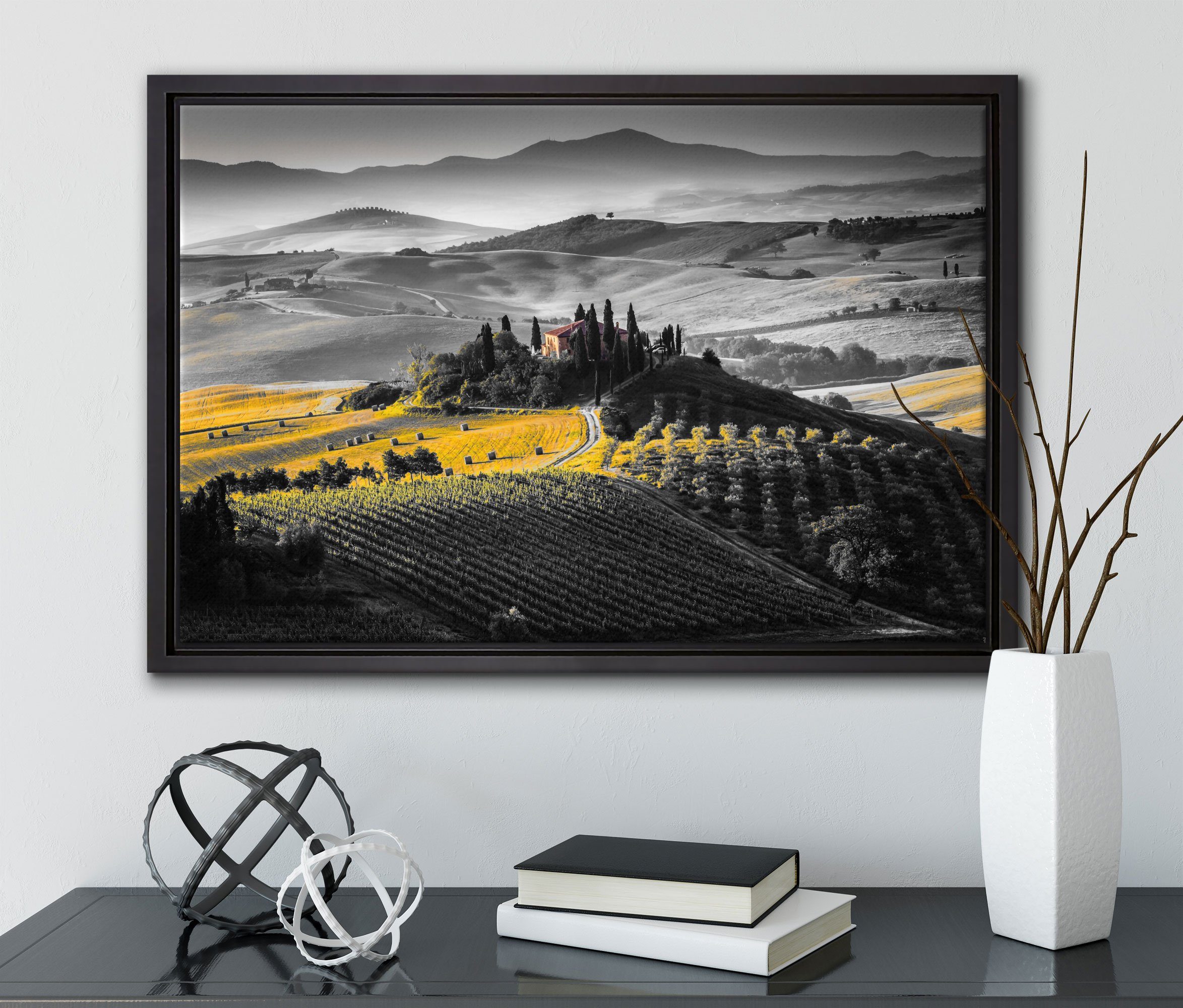 Pixxprint Leinwandbild Landschaft St), Leinwandbild (1 Feldern, fertig bespannt, gefasst, Wanddekoration Toskana mit in Zackenaufhänger inkl. Schattenfugen-Bilderrahmen einem
