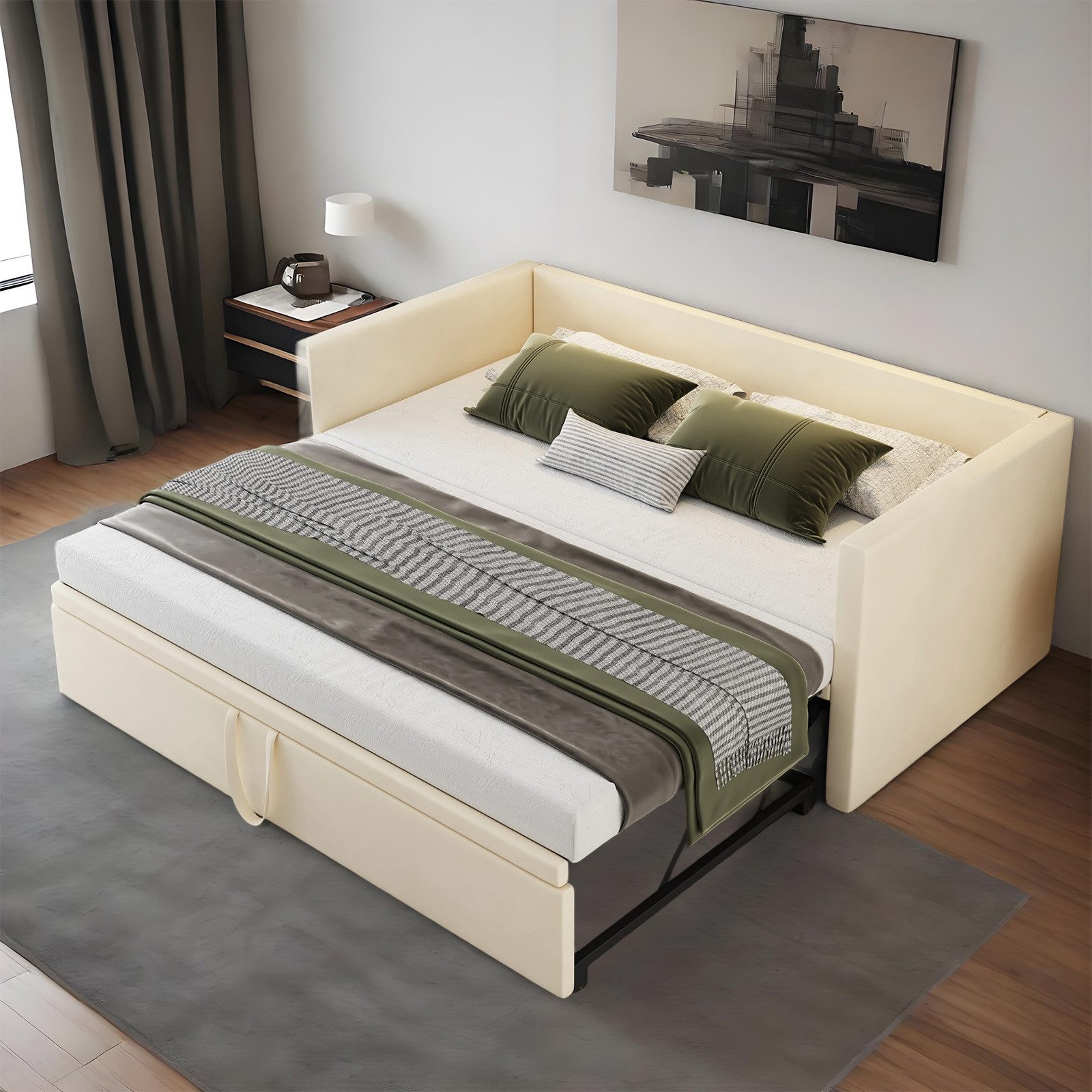 MODFU Bett Polsterbett 90/180x200 cm aus hautfreundlichem Samt (Ausziehbar mit Lattenrost, Multifunktionales Kinderbett Funktionsbett), ohne Matratze