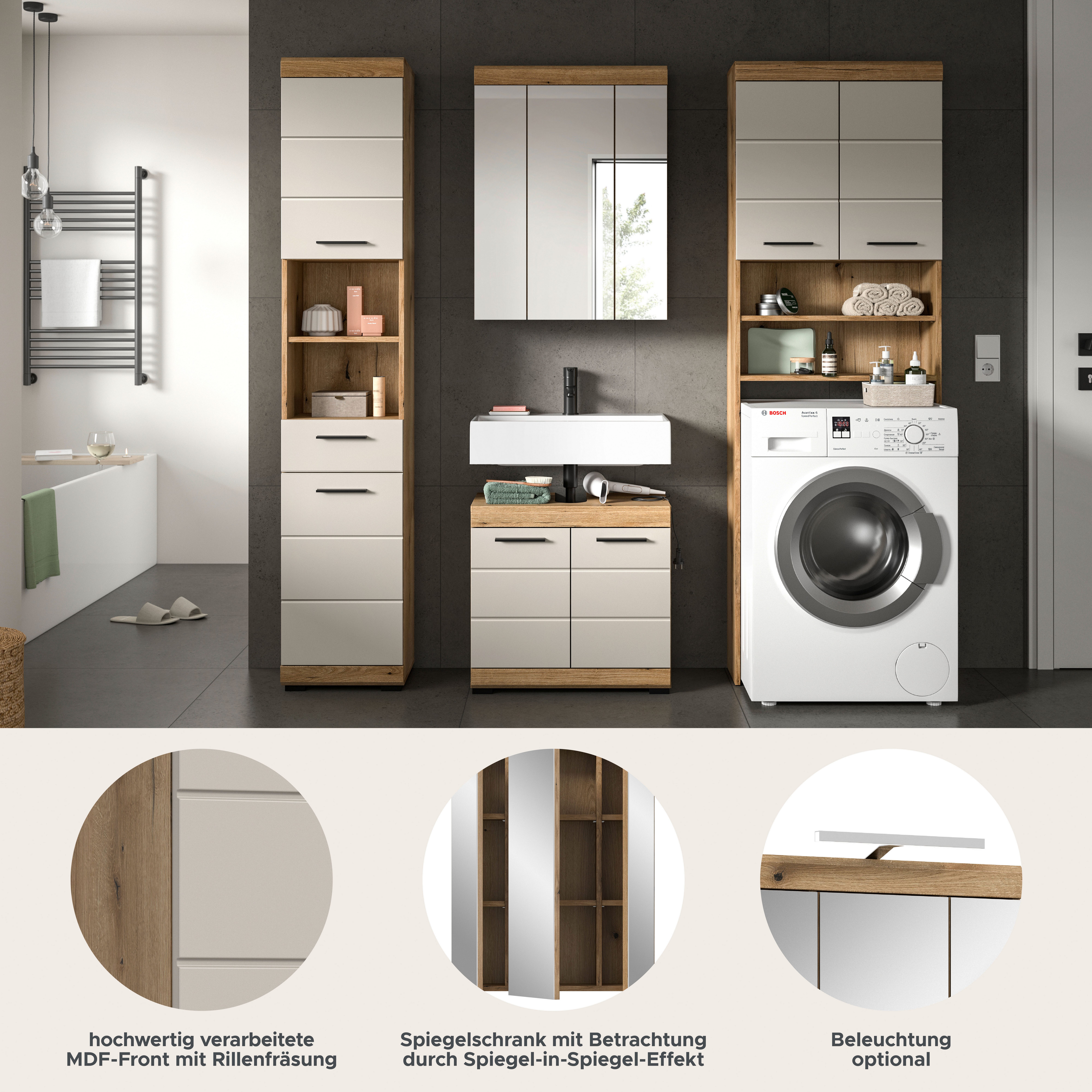 welltime Badmöbel-Set SIENA, 4 teilig, bestehend aus:, (Set, 4-St., TOPSELLER), Hochschrank, WBU, Spiegelschrank, Waschmaschinenumbauschrank